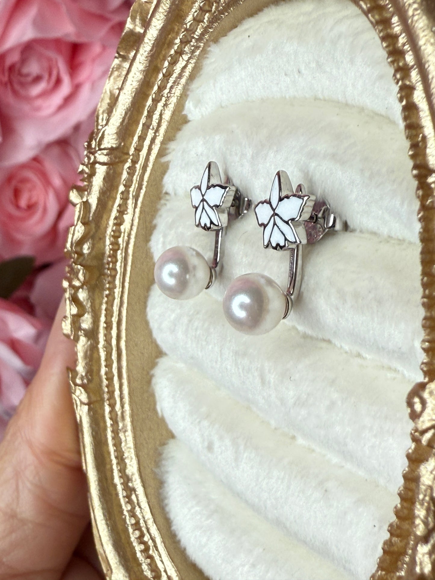 Signature White Cattleya Earrings, Pearl Jacket Stud: 14k White Gold Plated, White Pearl Jacket