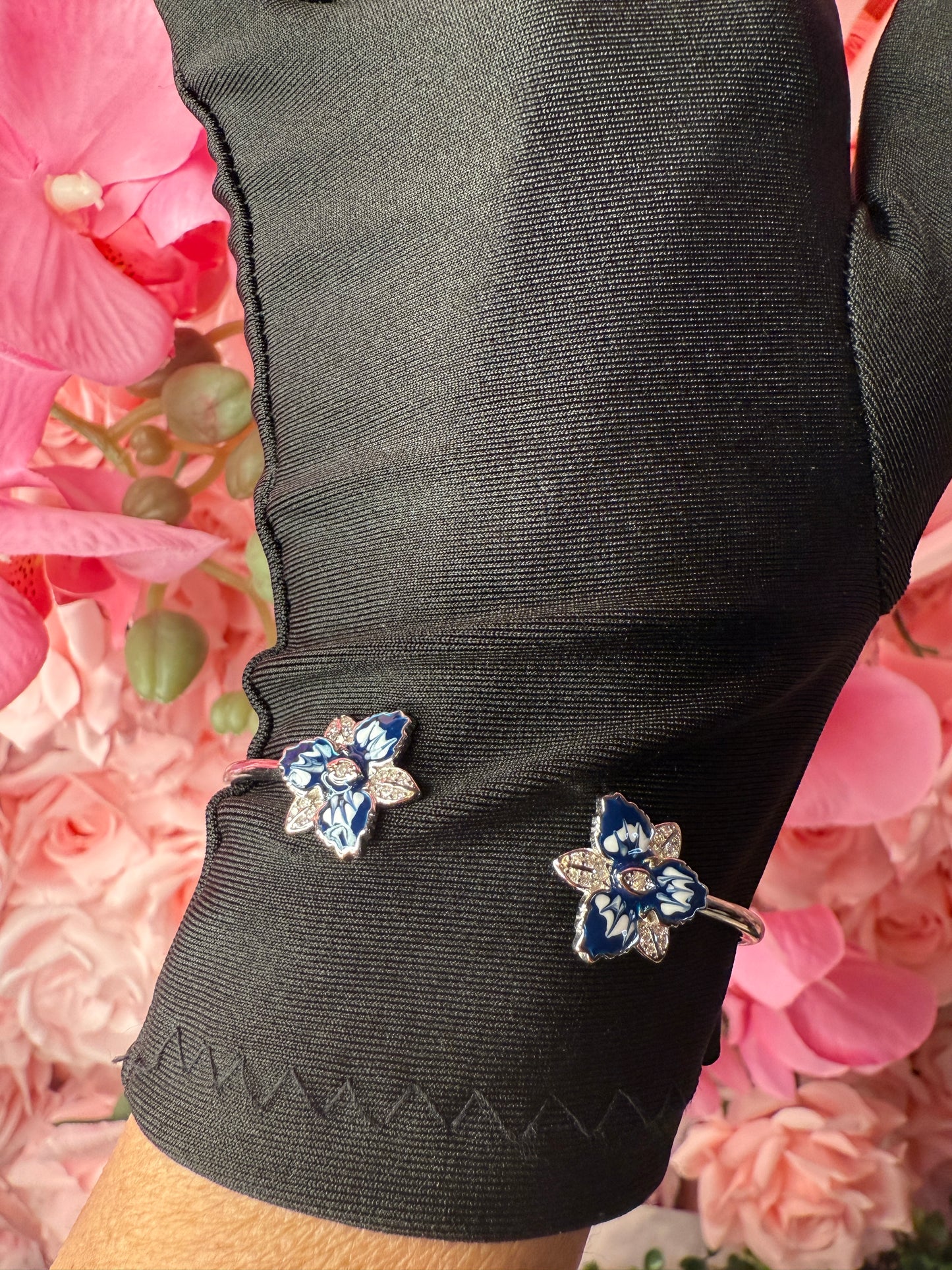 Cattleya Orchid Flower Bangle Bracelet and Earrings Set in Santorini Blue- White Gold Plated - Orchidique