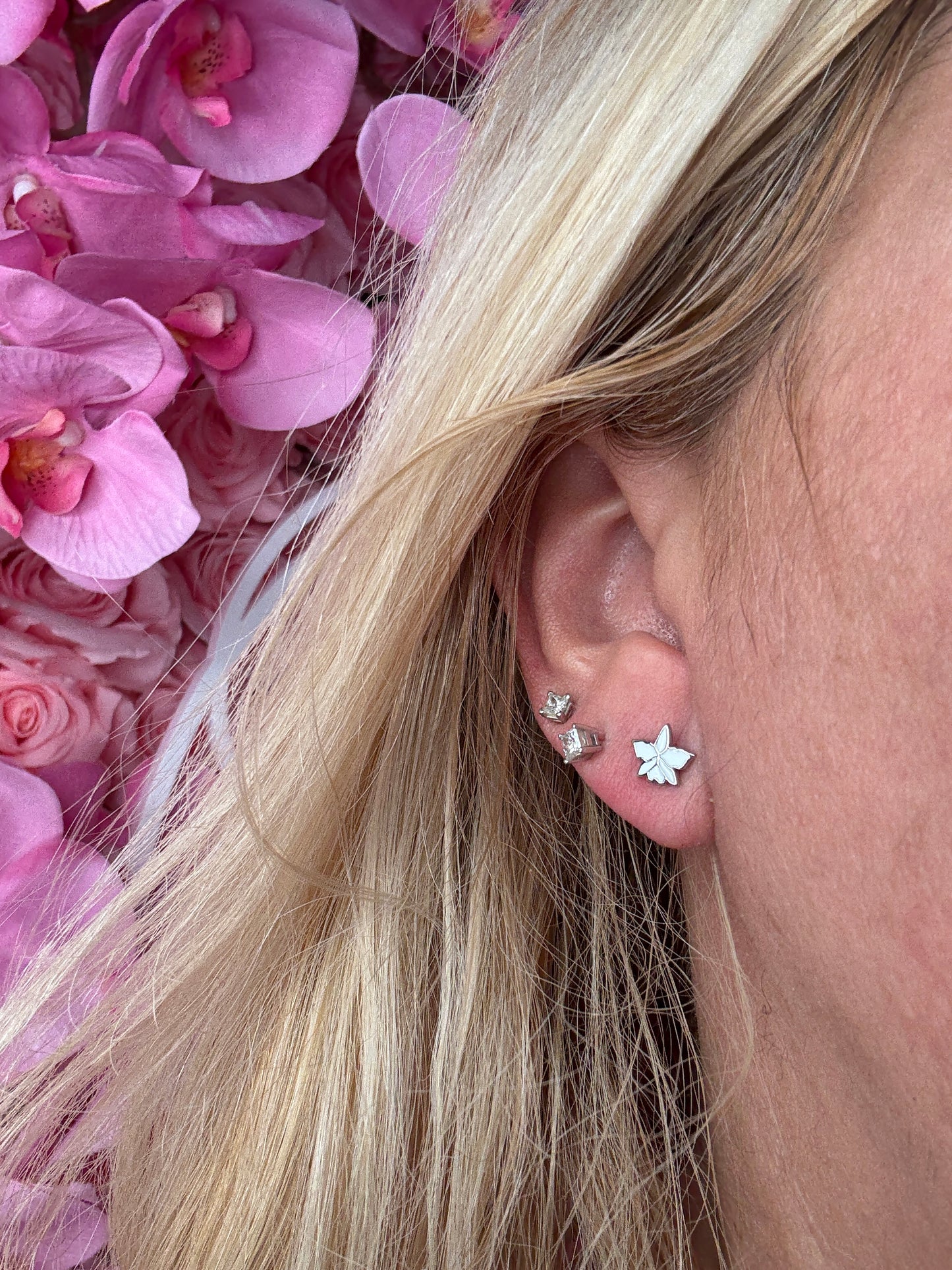 Signature White Cattleya Earrings, Pearl Jacket Stud: 14k White Gold Plated, White Pearl Jacket