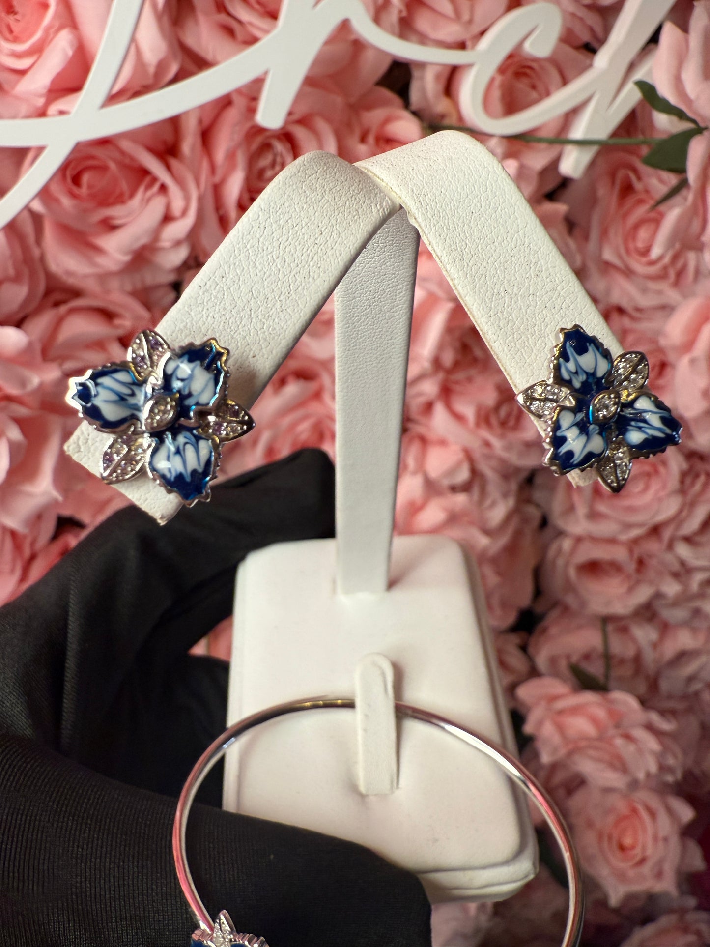 Cattleya Orchid Flower Bangle Bracelet and Earrings Set in Santorini Blue- White Gold Plated - Orchidique