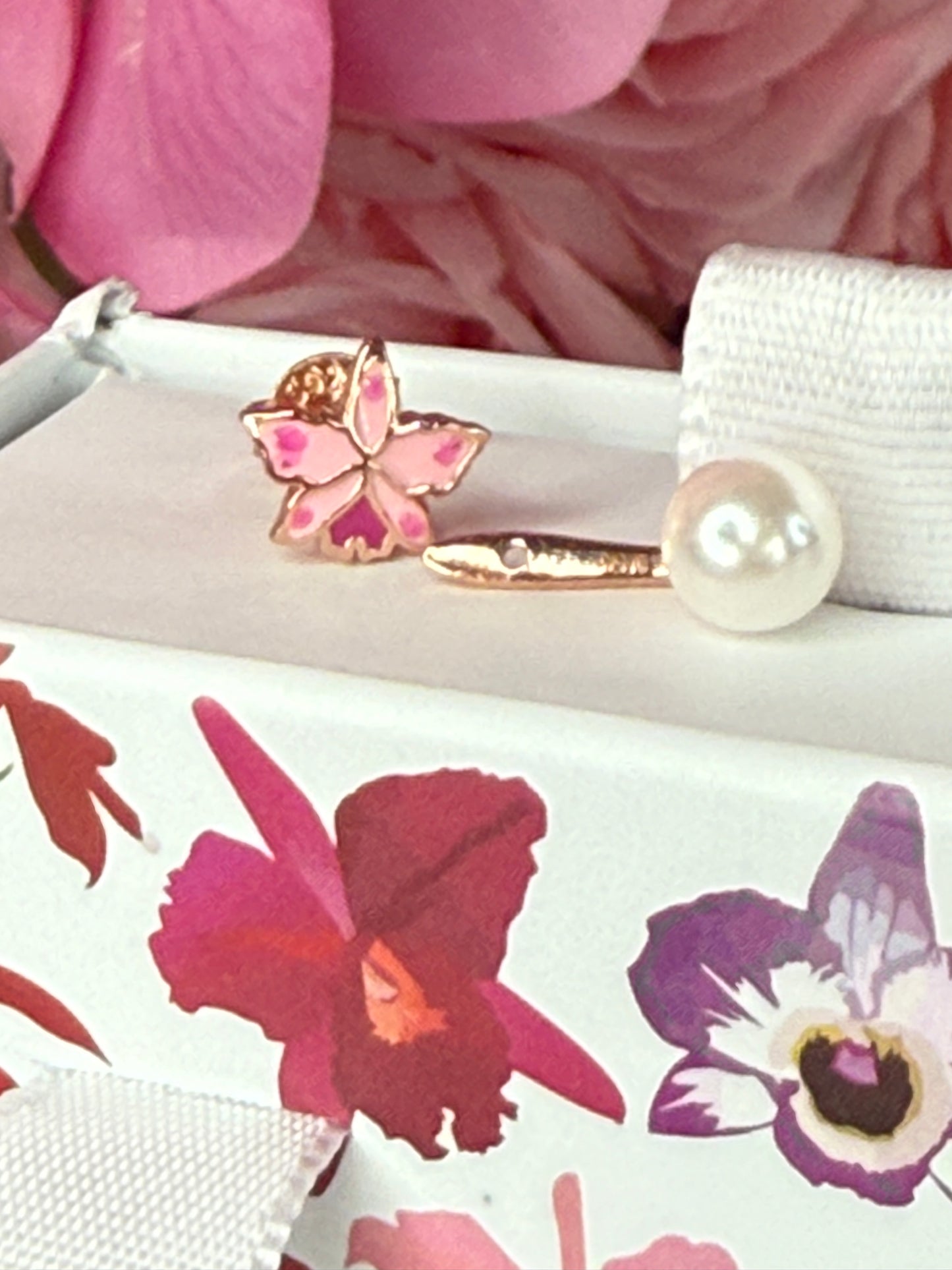 Signature Trianae Pink Sian Cattleya Earrings, Pearl Jacket Stud: 18k Gold Plated