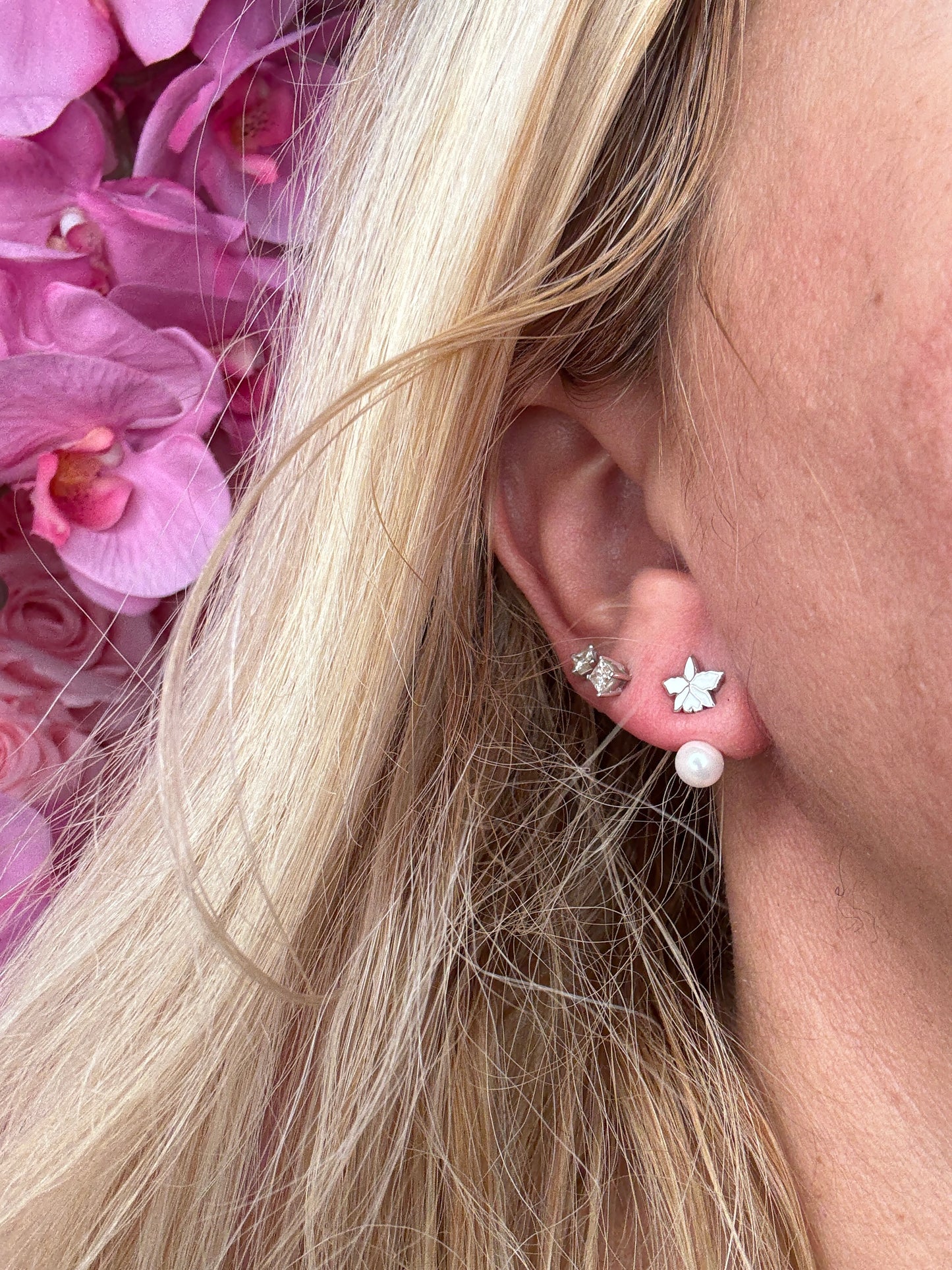 Signature White Cattleya Earrings, Pearl Jacket Stud: 14k White Gold Plated, White Pearl Jacket