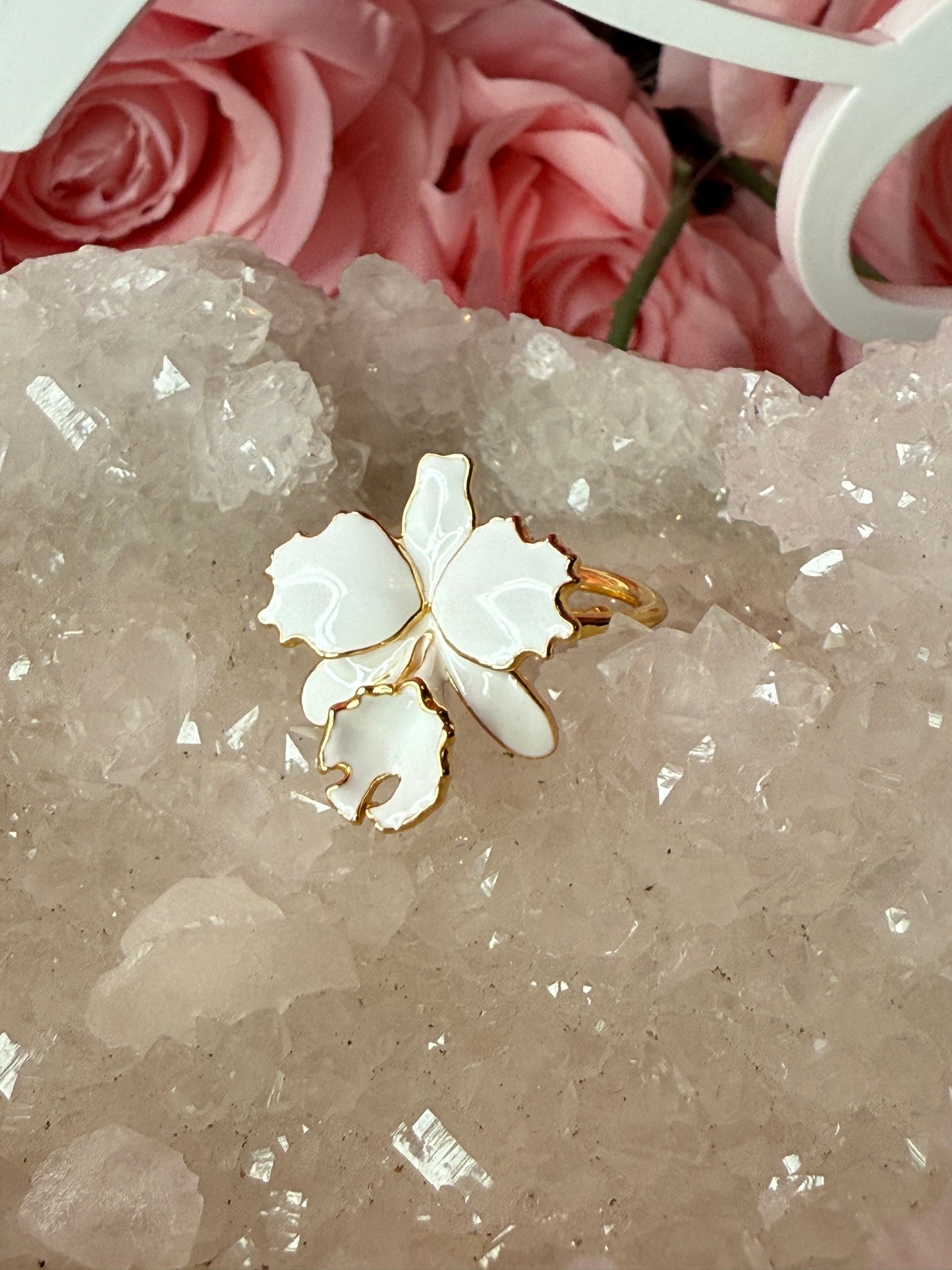 Drama Collection: White Cattleya Dowiana Orchid Statement Ring