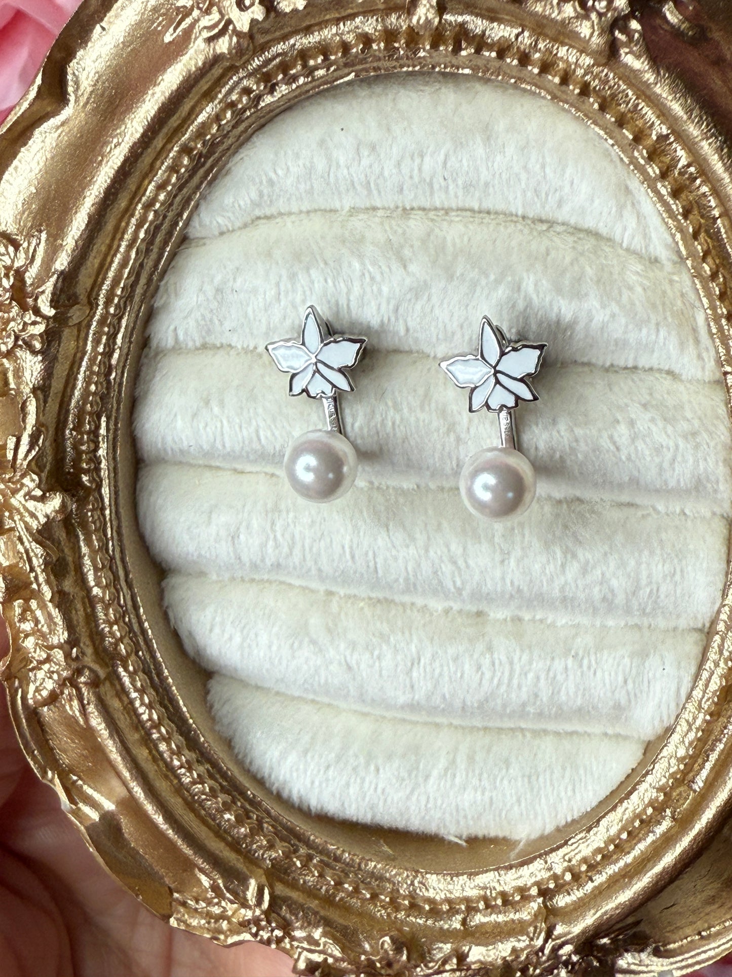 Signature White Cattleya Earrings, Pearl Jacket Stud: 14k White Gold Plated, White Pearl Jacket