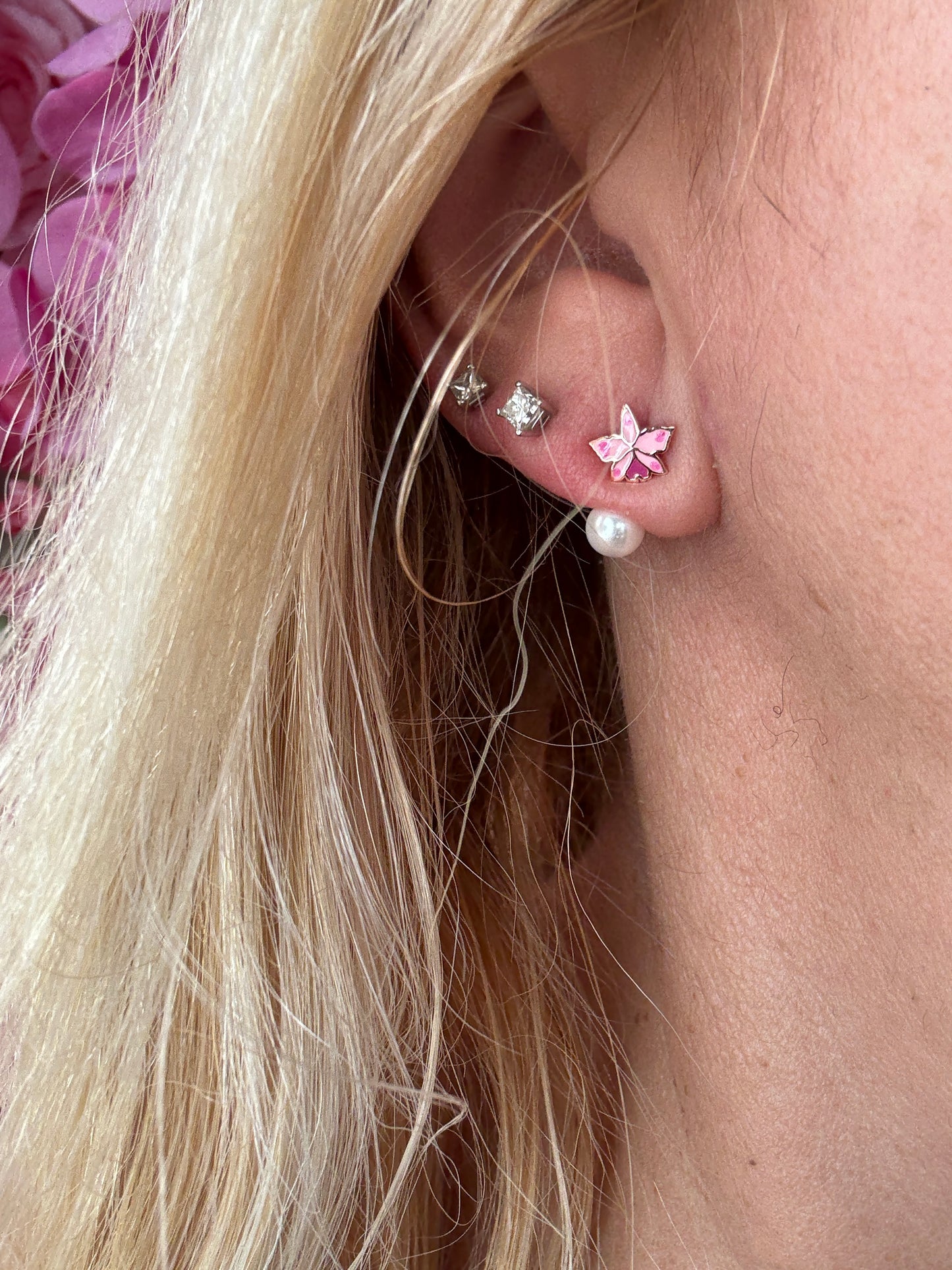 Signature Trianae Pink Sian Cattleya Earrings, Pearl Jacket Stud: 18k Gold Plated