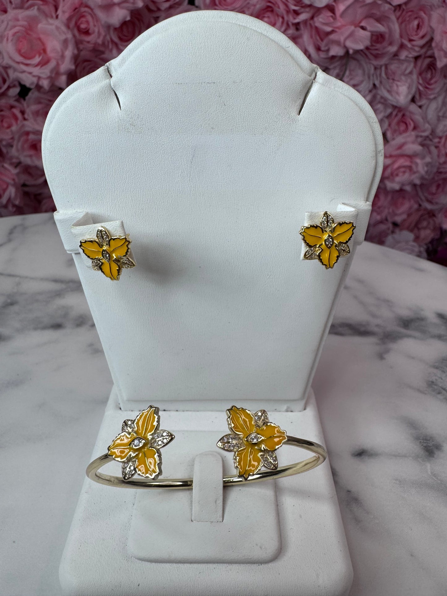 First Edition Cattleya Orchid Flower Bangle Bracelet and Earring Set - Orchidique