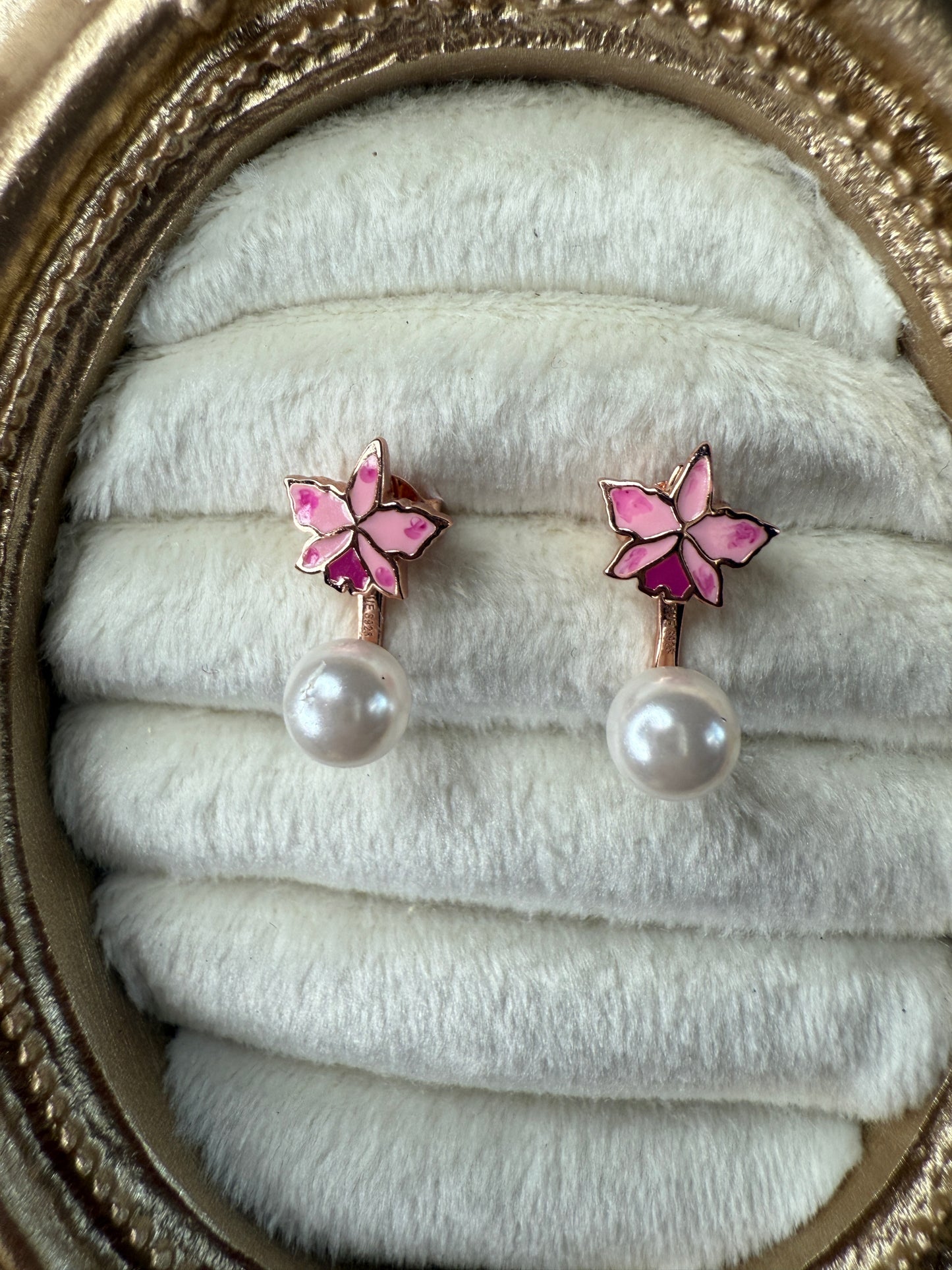 Signature Trianae Pink Sian Cattleya Earrings, Pearl Jacket Stud: 18k Gold Plated