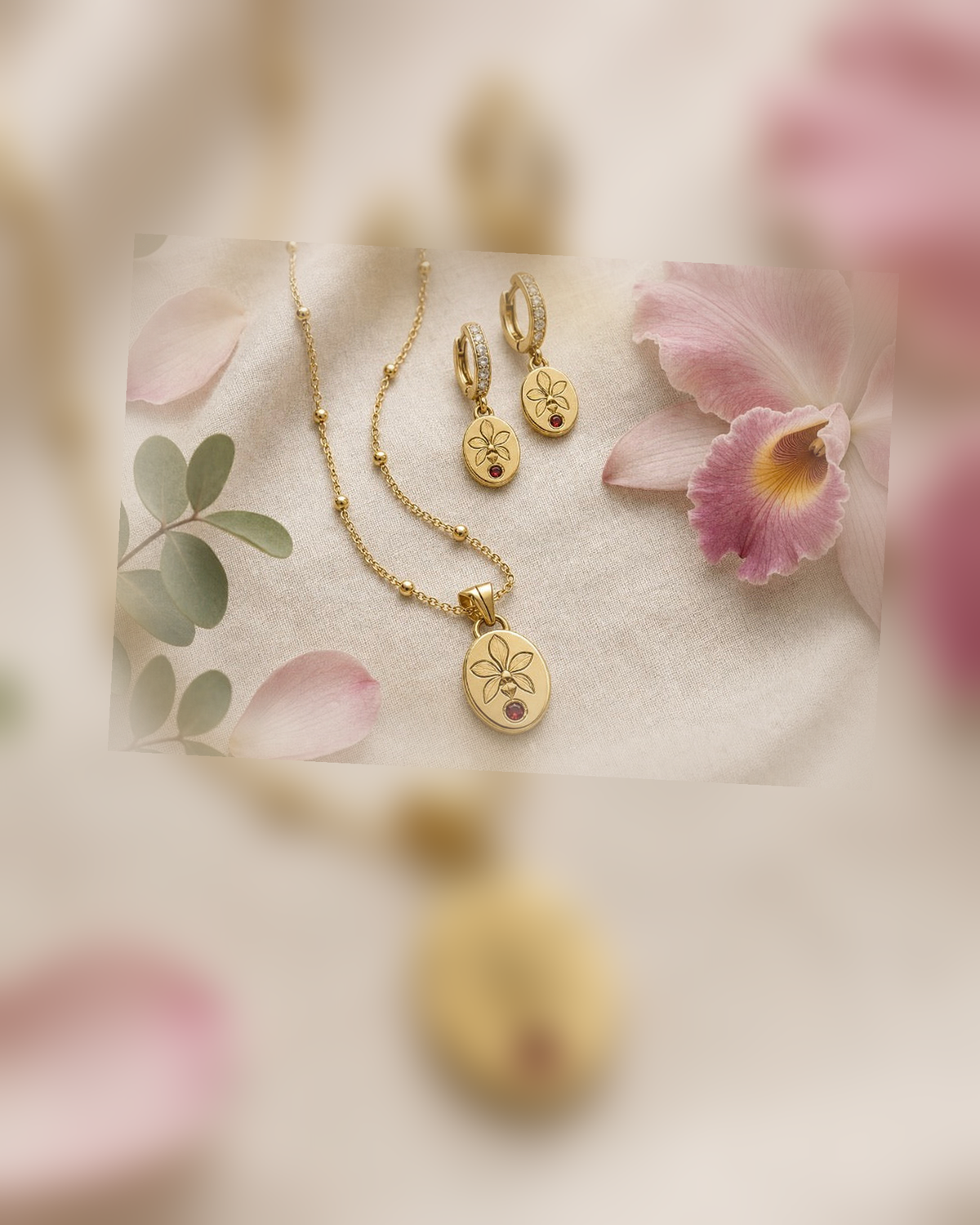 Cattleya Orchid Birthstone Necklace and Earring Set — Orchidique view 17