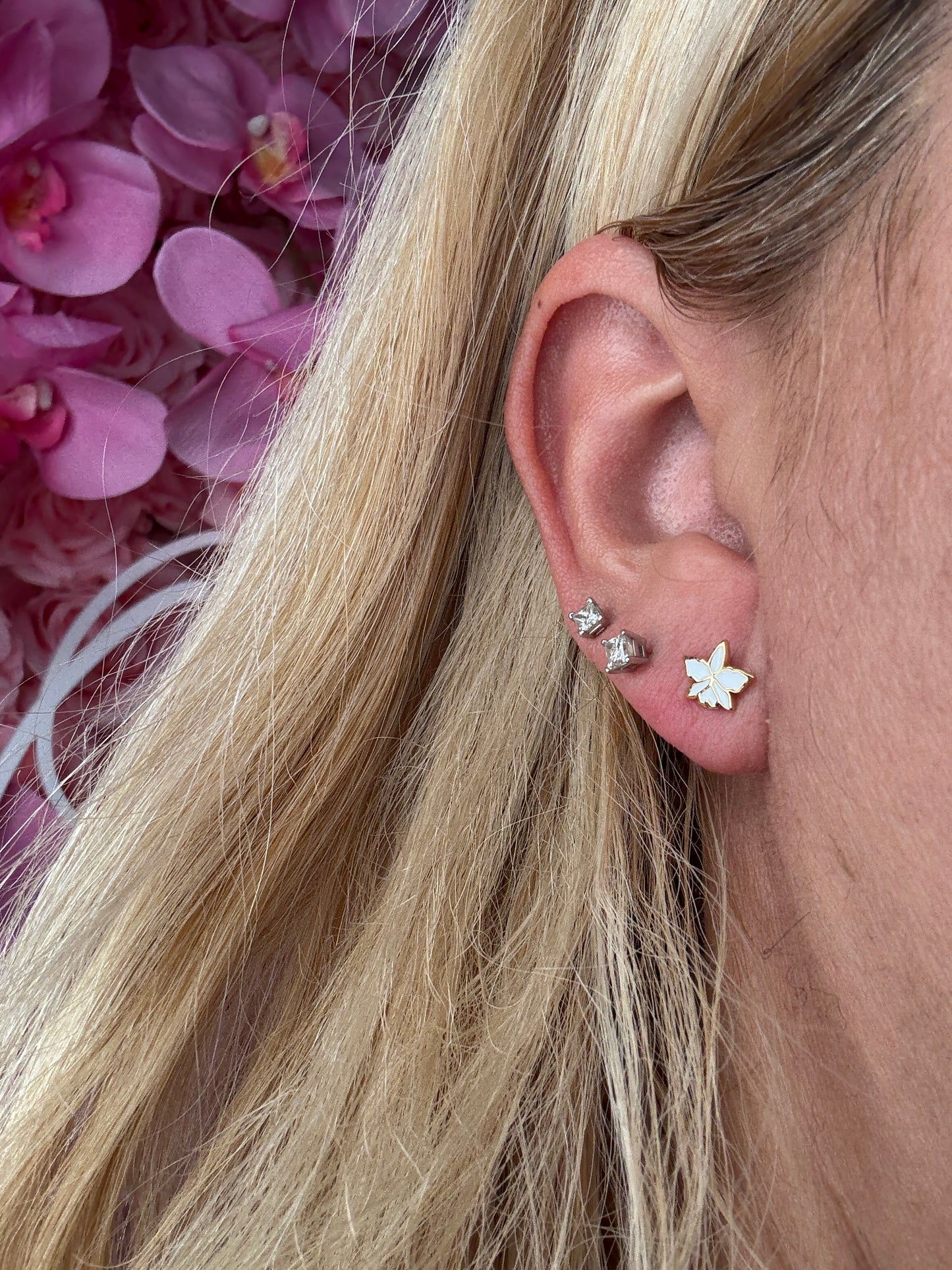 Signature White Cattleya Earrings, Classic Pearl Jacket Stud, 18k Gold Plated
