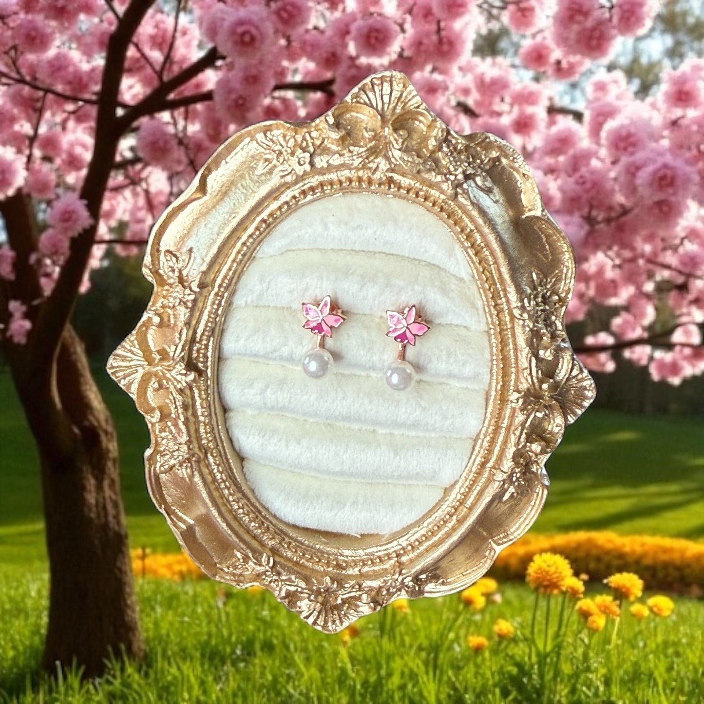 Signature Trianae Pink Sian Cattleya Earrings, Pearl Jacket Stud: 18k Gold Plated