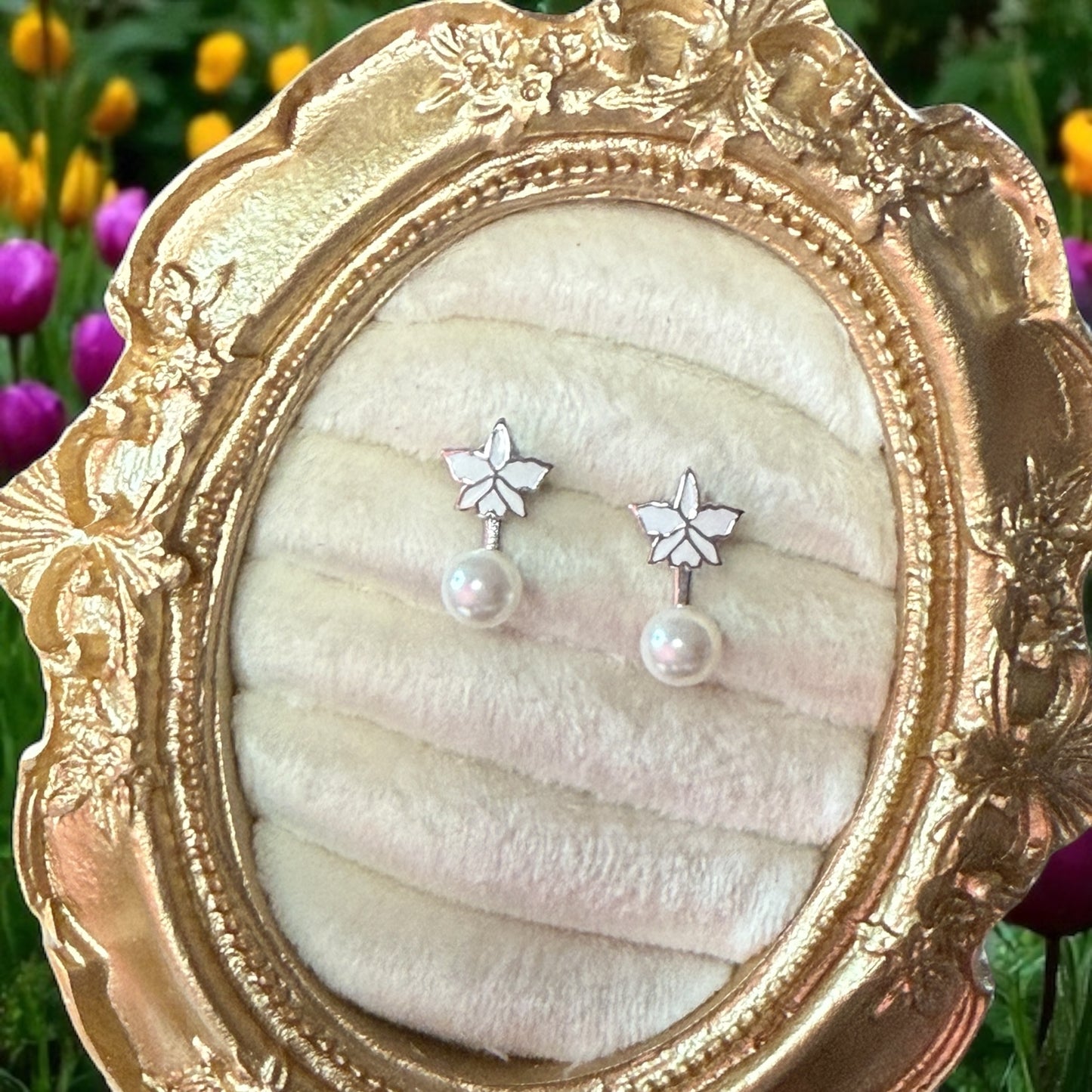 Signature White Cattleya Earrings, Pearl Jacket Stud: 14k White Gold Plated, White Pearl Jacket