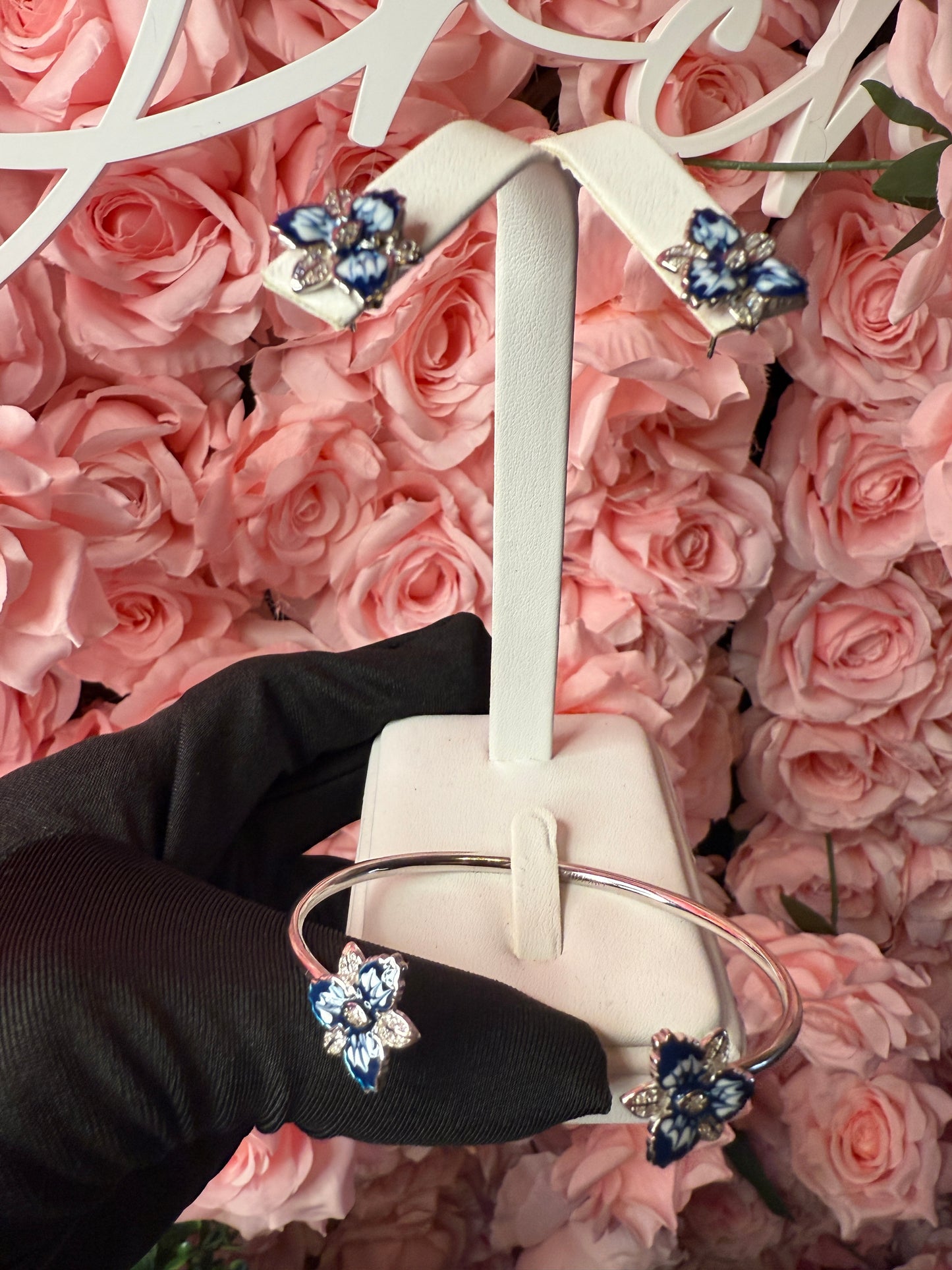 Cattleya Orchid Flower Bangle Bracelet and Earrings Set in Santorini Blue- White Gold Plated - Orchidique