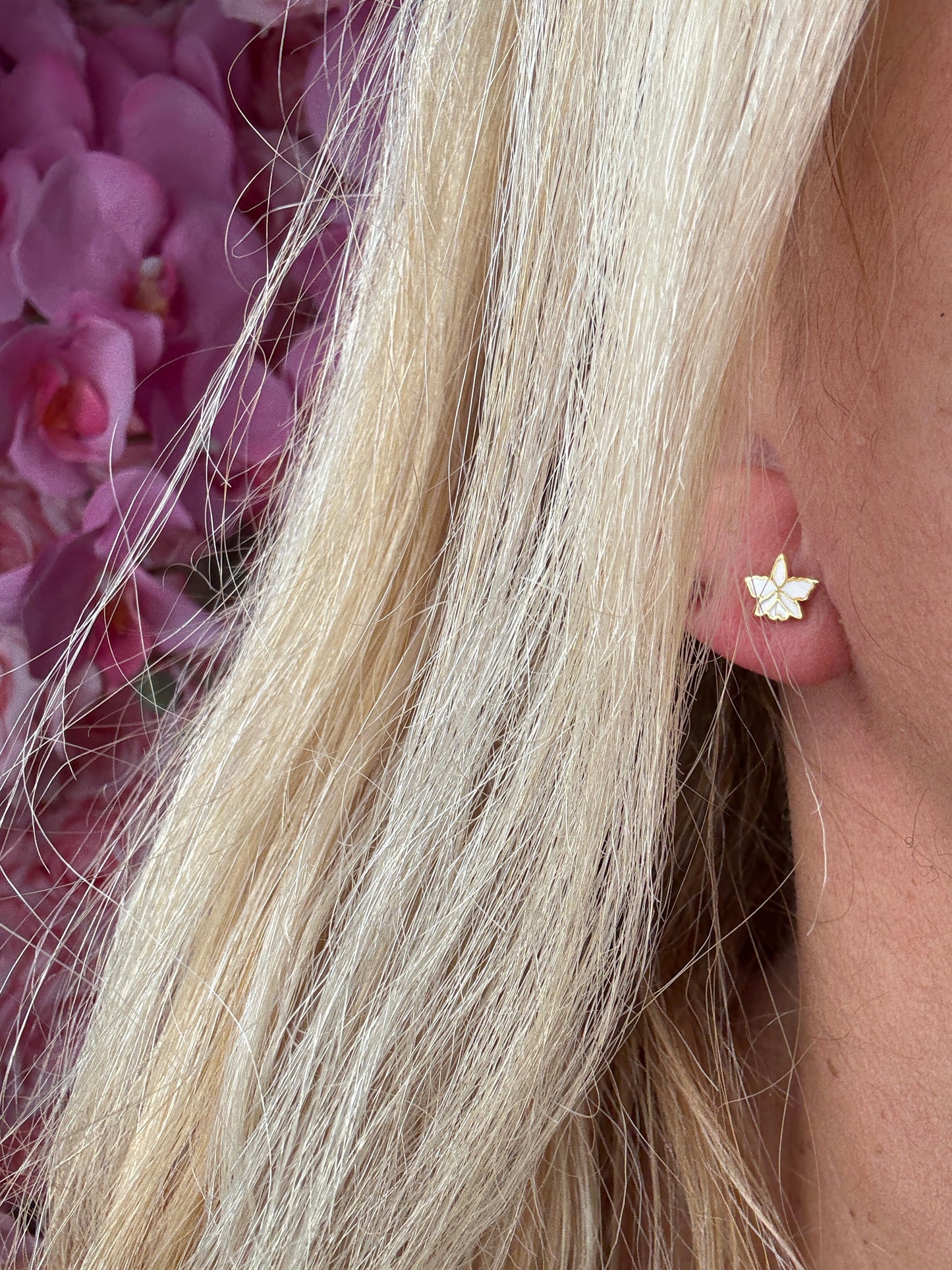 Signature White Cattleya Earrings, Classic Pearl Jacket Stud, 18k Gold Plated