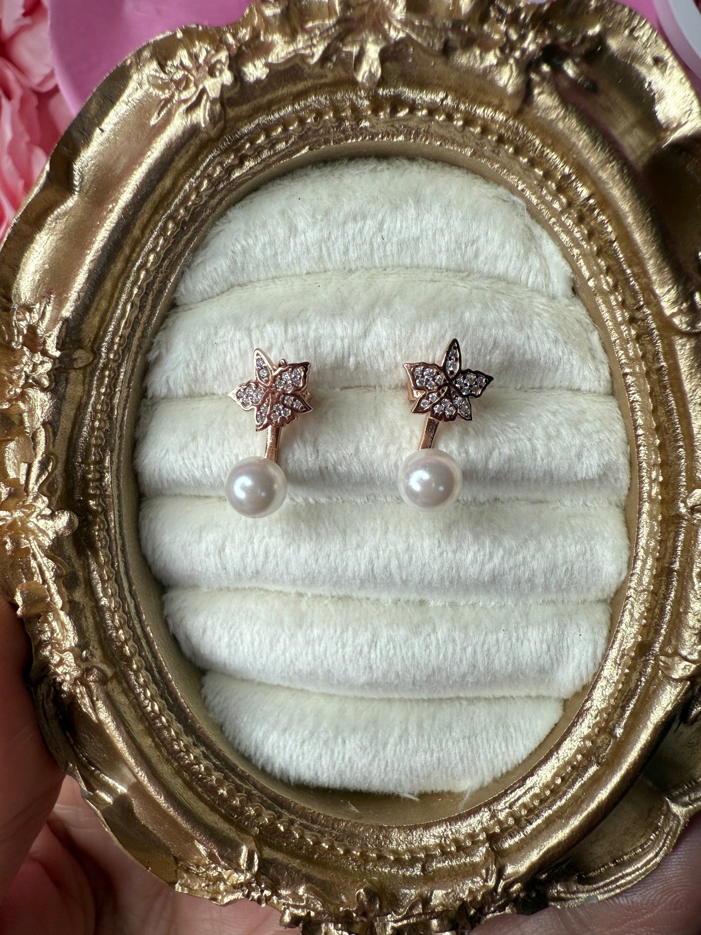 Signature Zircon Cattleya Earring, Classic Pearl Jacket Stud: 18k Rose Gold