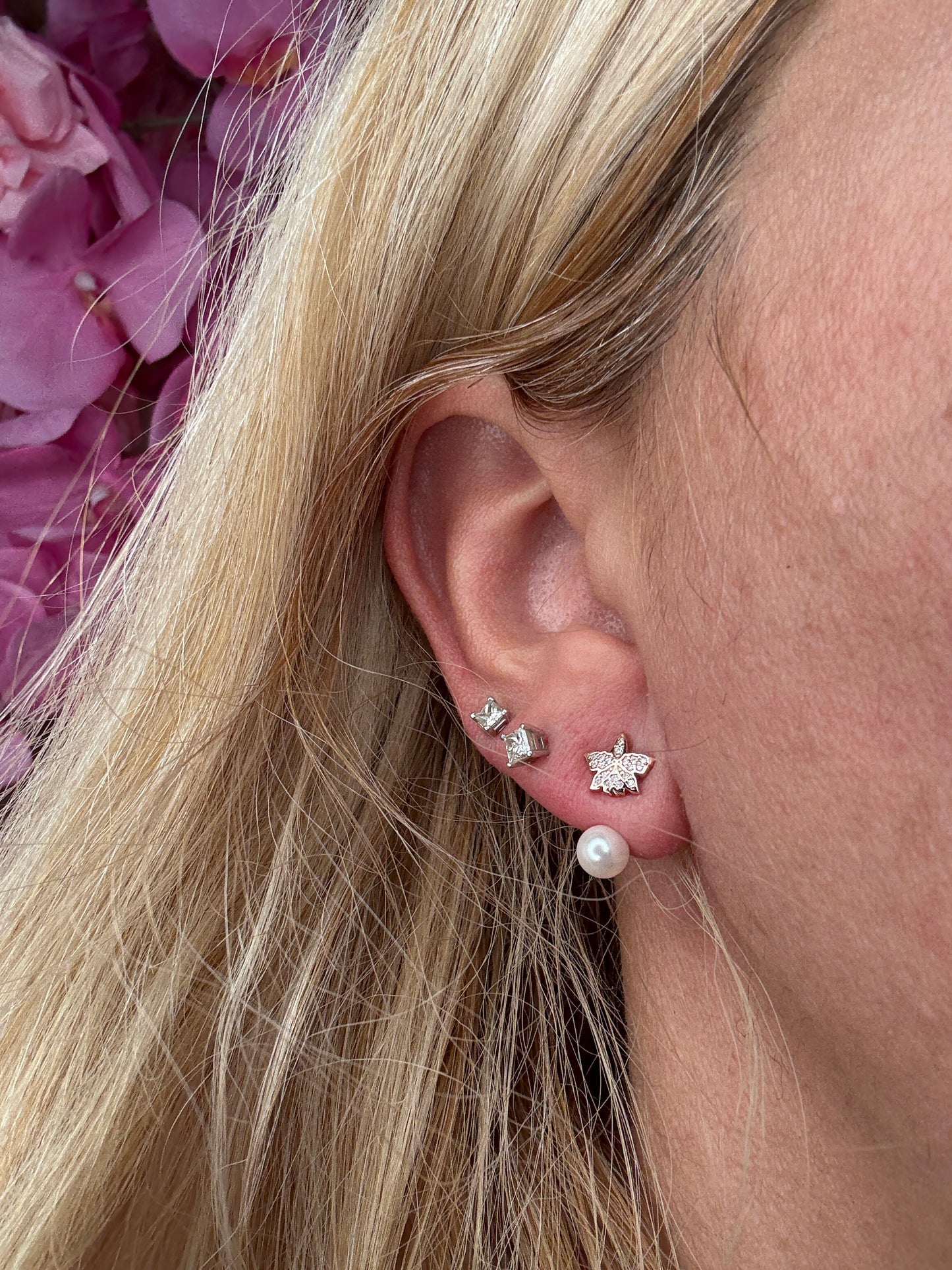 Signature Zircon Cattleya Earring, Classic Pearl Jacket Stud: 18k Rose Gold