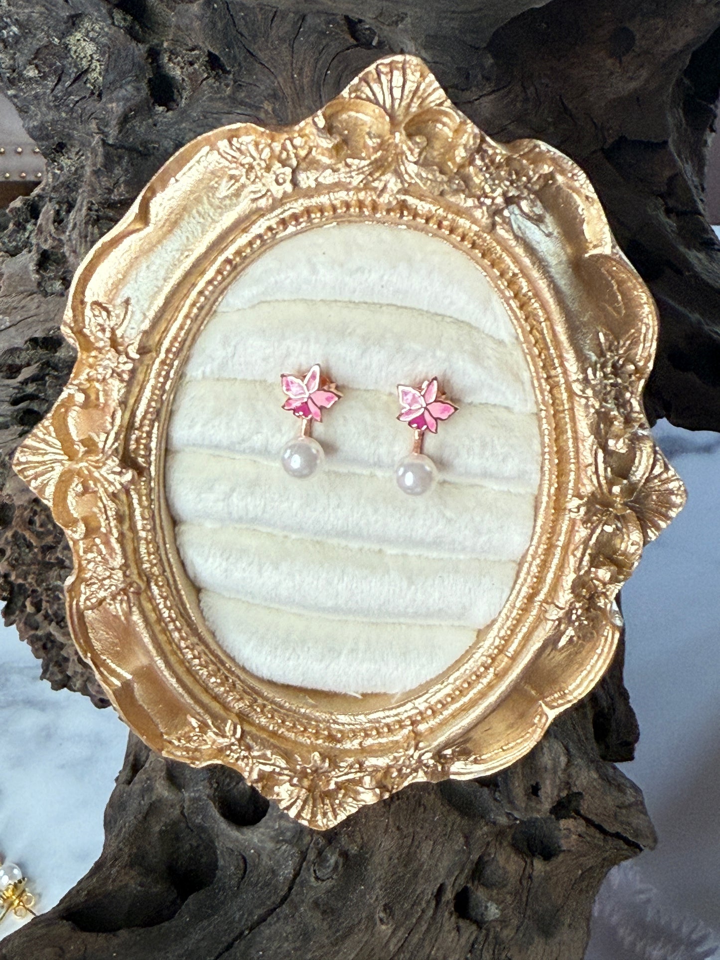 Signature Trianae Pink Sian Cattleya Earrings, Pearl Jacket Stud: 18k Gold Plated
