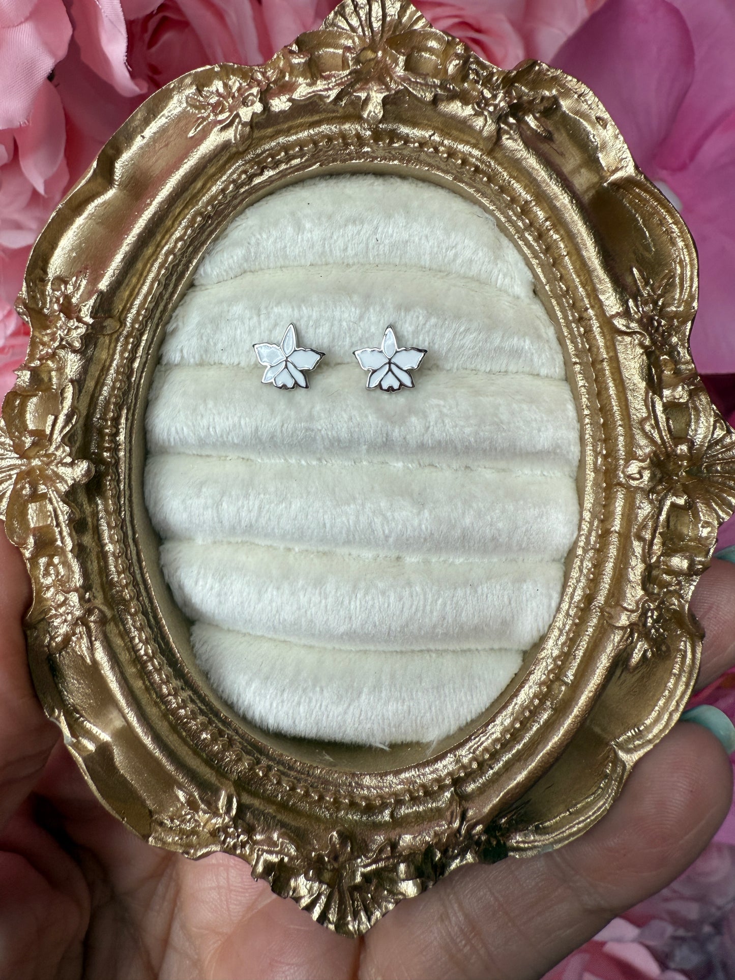 Signature White Cattleya Earrings, Pearl Jacket Stud: 14k White Gold Plated, White Pearl Jacket