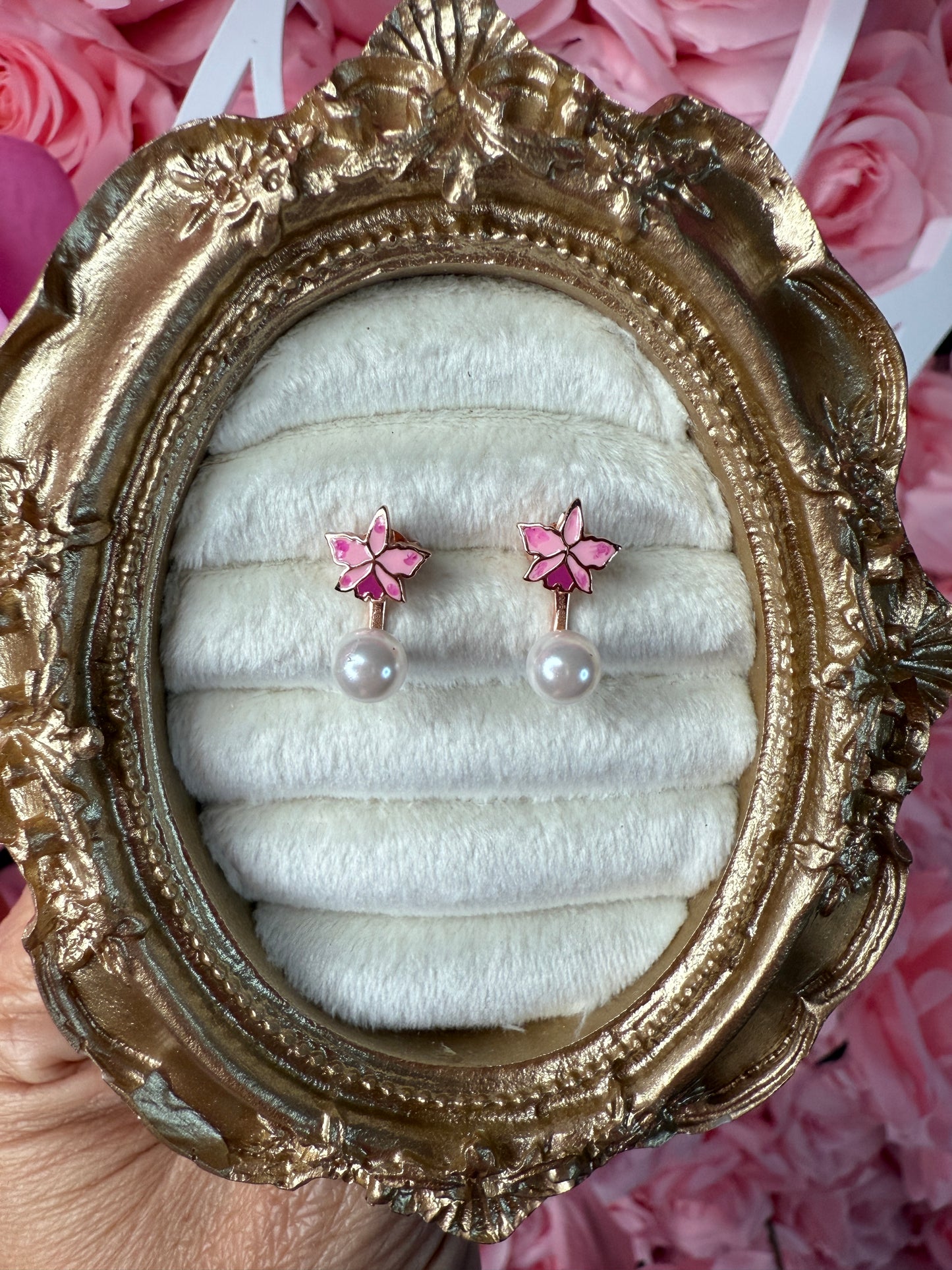 Signature Trianae Pink Sian Cattleya Earrings, Pearl Jacket Stud: 18k Gold Plated