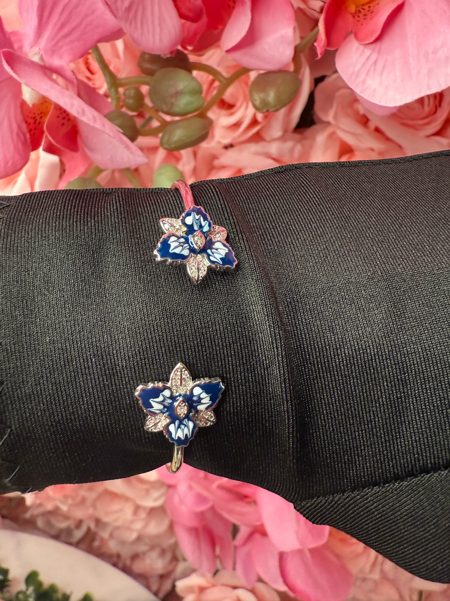 Cattleya Orchid Flower Bangle Bracelet and Earrings Set in Santorini Blue- White Gold Plated - Orchidique