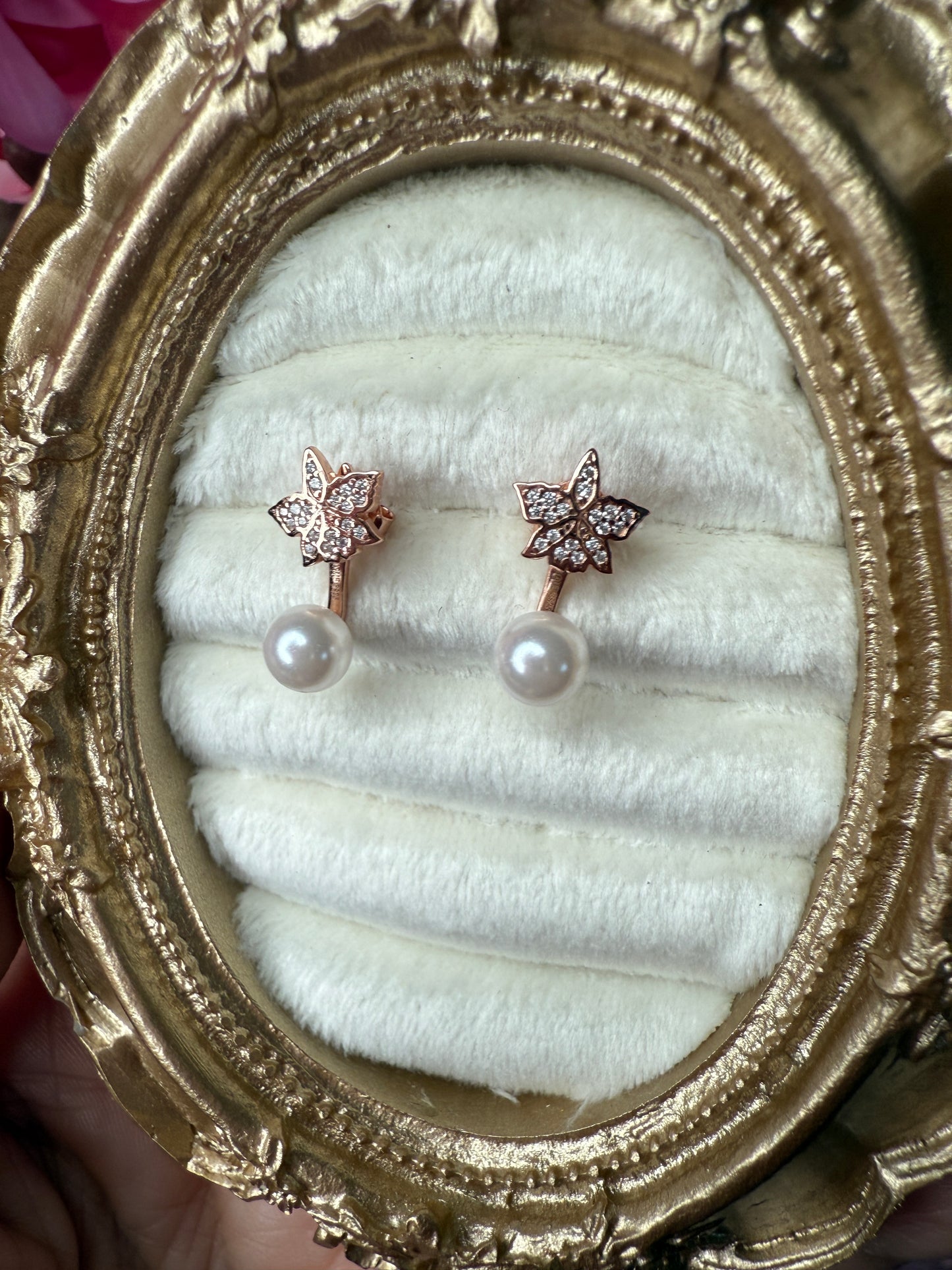 Signature Zircon Cattleya Earring, Classic Pearl Jacket Stud: 18k Rose Gold
