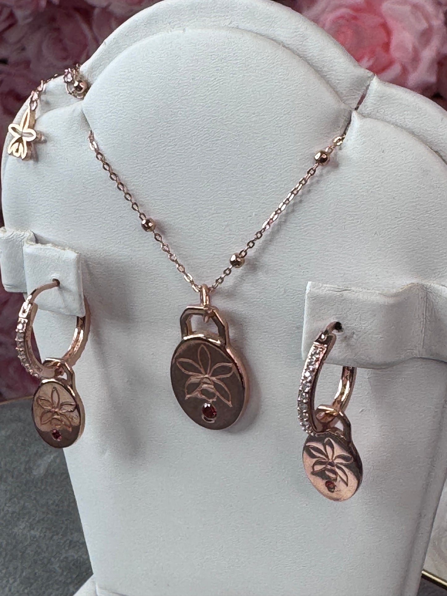 Harmony Rose Gold Collection : Etched 18c Rose Gold Orchid Necklace & Earrings - Orchidique