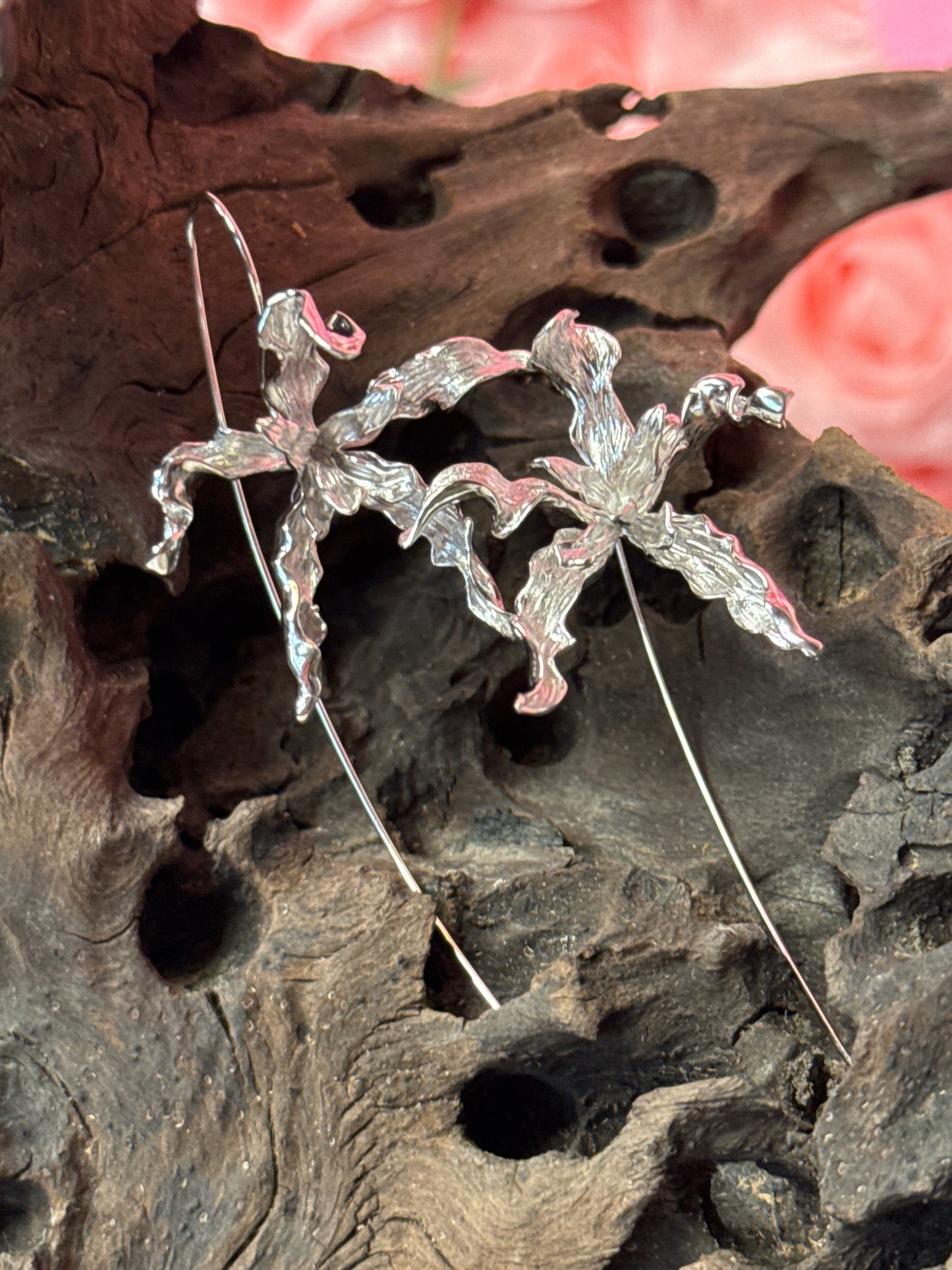 Meticulous: Schomburgkia Silver Orchid Flower Dangle Earrings - Orchidique