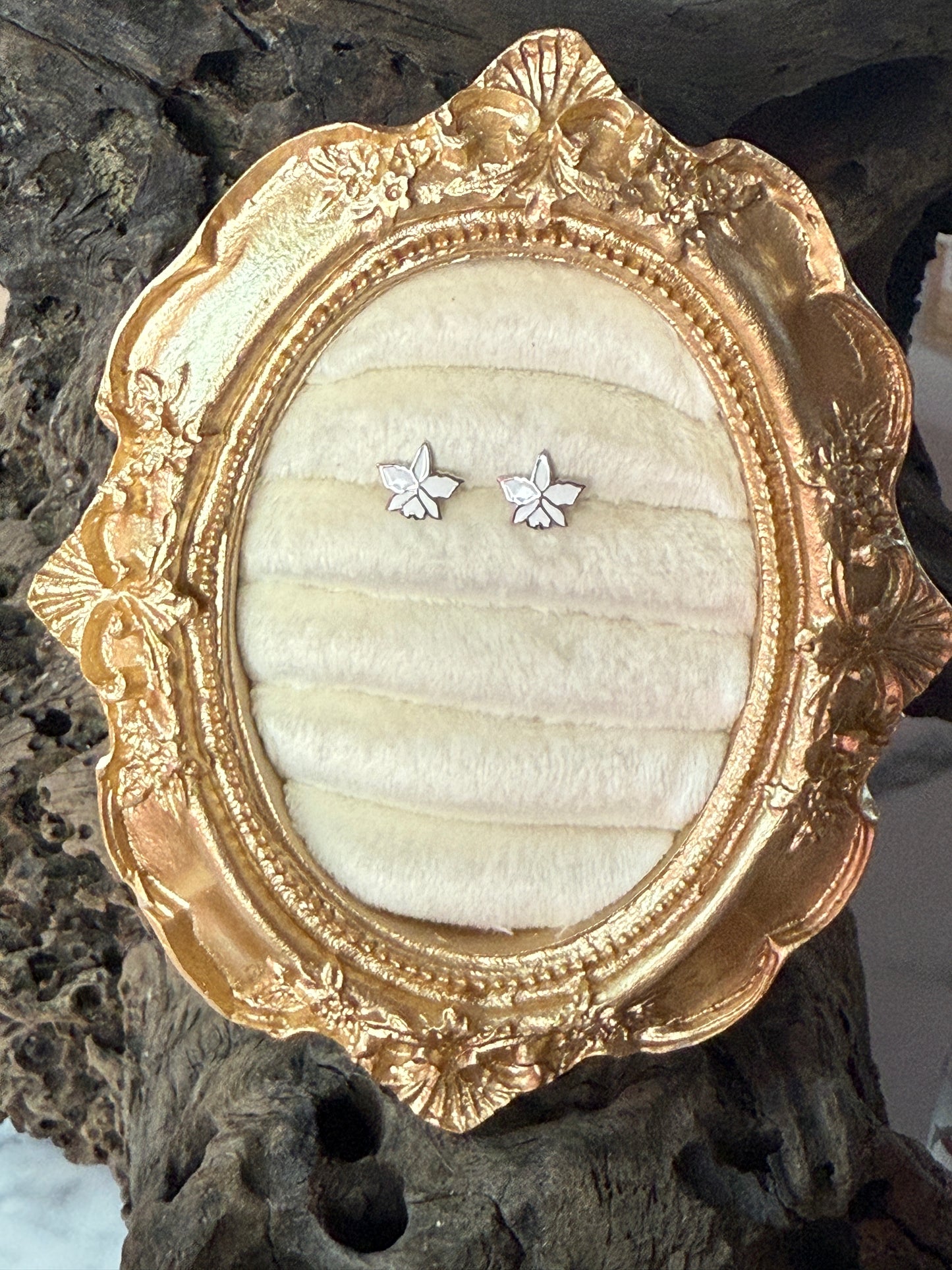 Signature White Cattleya Earrings, Pearl Jacket Stud: 14k White Gold Plated, White Pearl Jacket