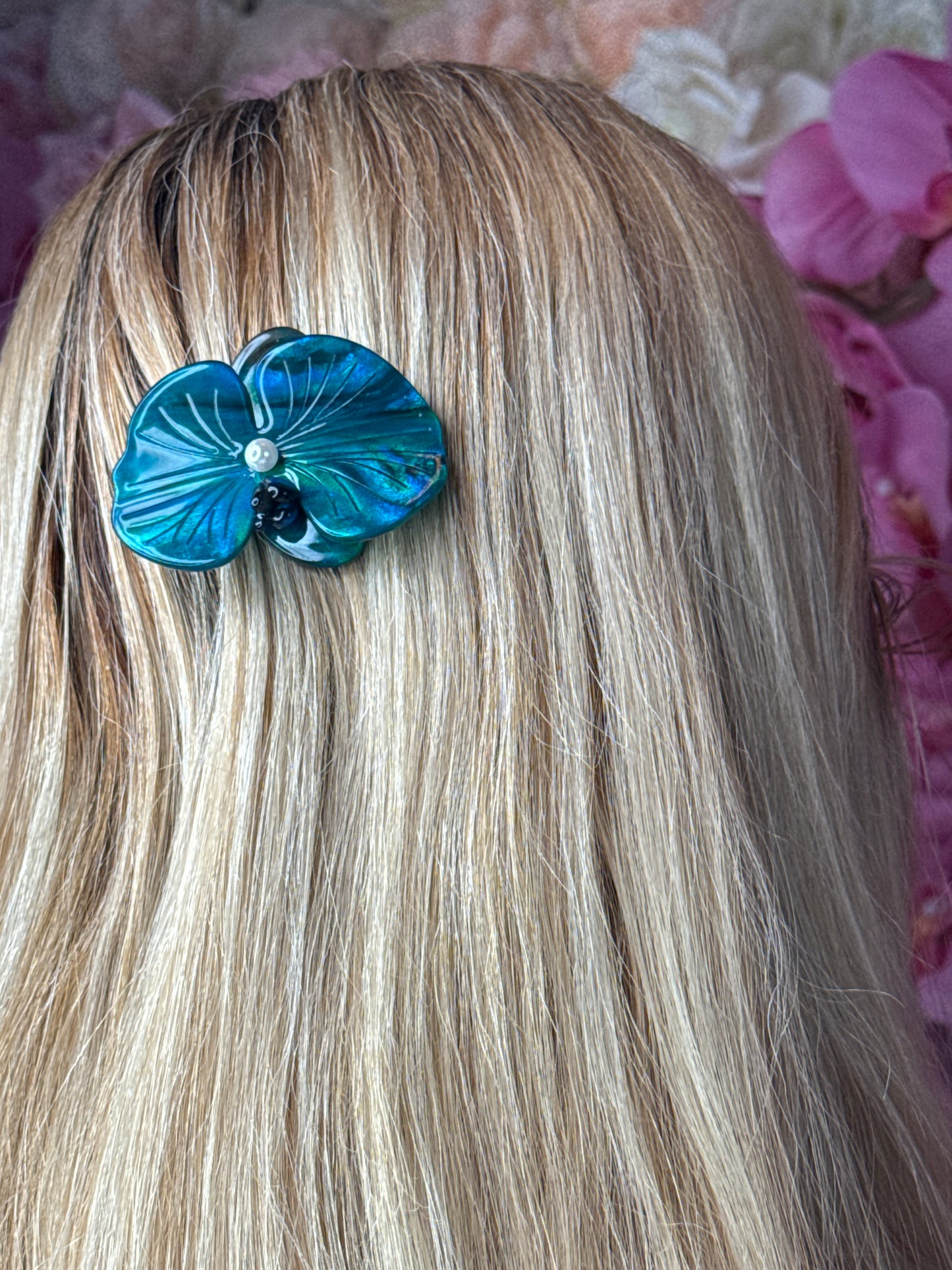 Acetate Orchid Hair Clip Phalaenopsis Hair Barrette • Teal Blue Flower Hair Accessory