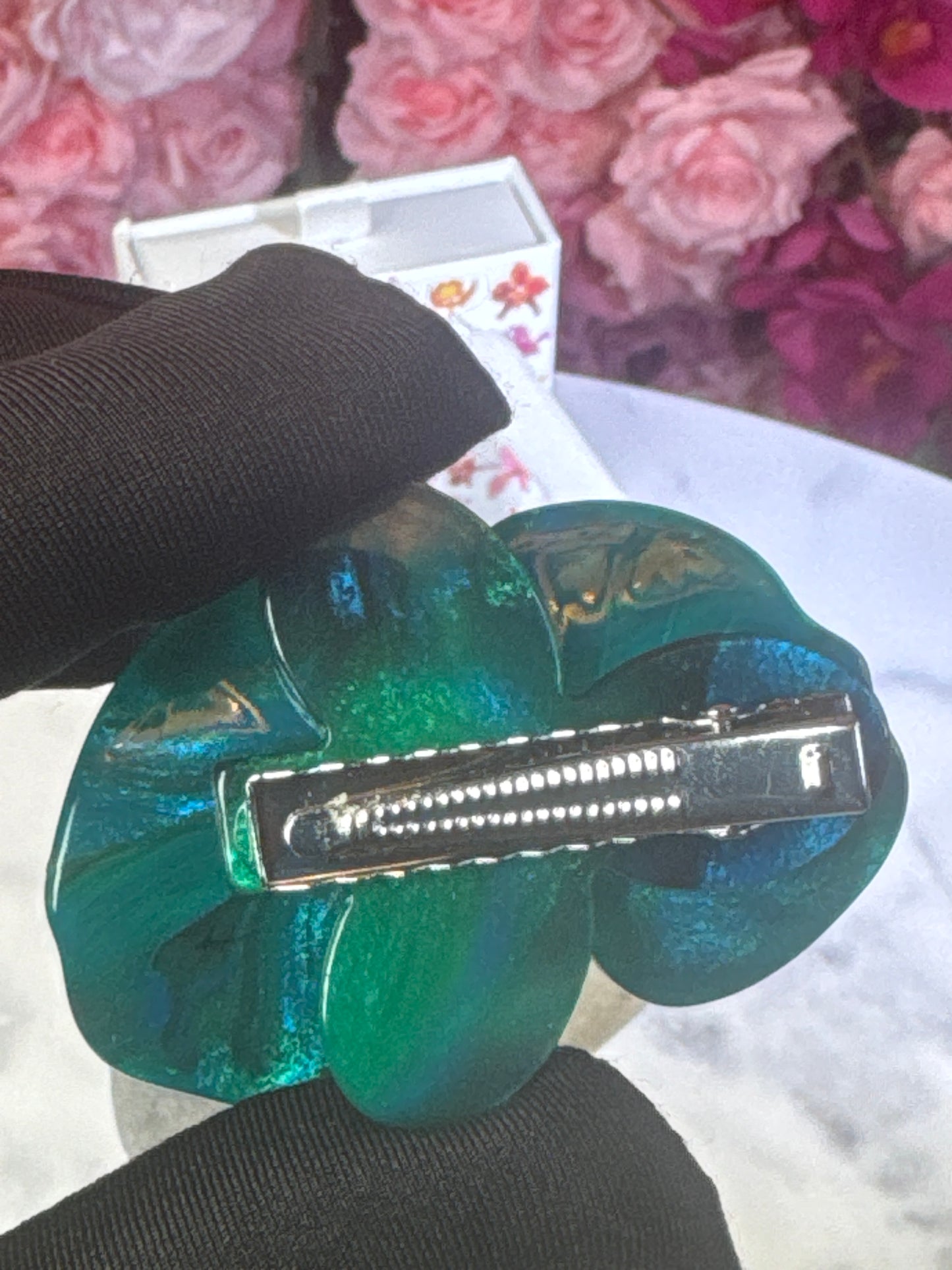 Acetate Orchid Hair Clip Phalaenopsis Hair Barrette • Teal Blue Flower Hair Accessory