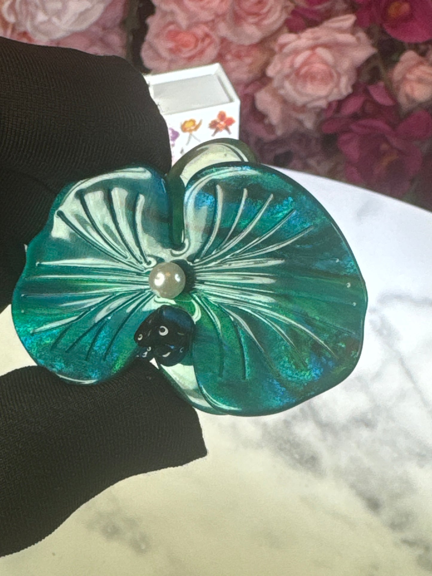 Acetate Orchid Hair Clip Phalaenopsis Hair Barrette • Teal Blue Flower Hair Accessory