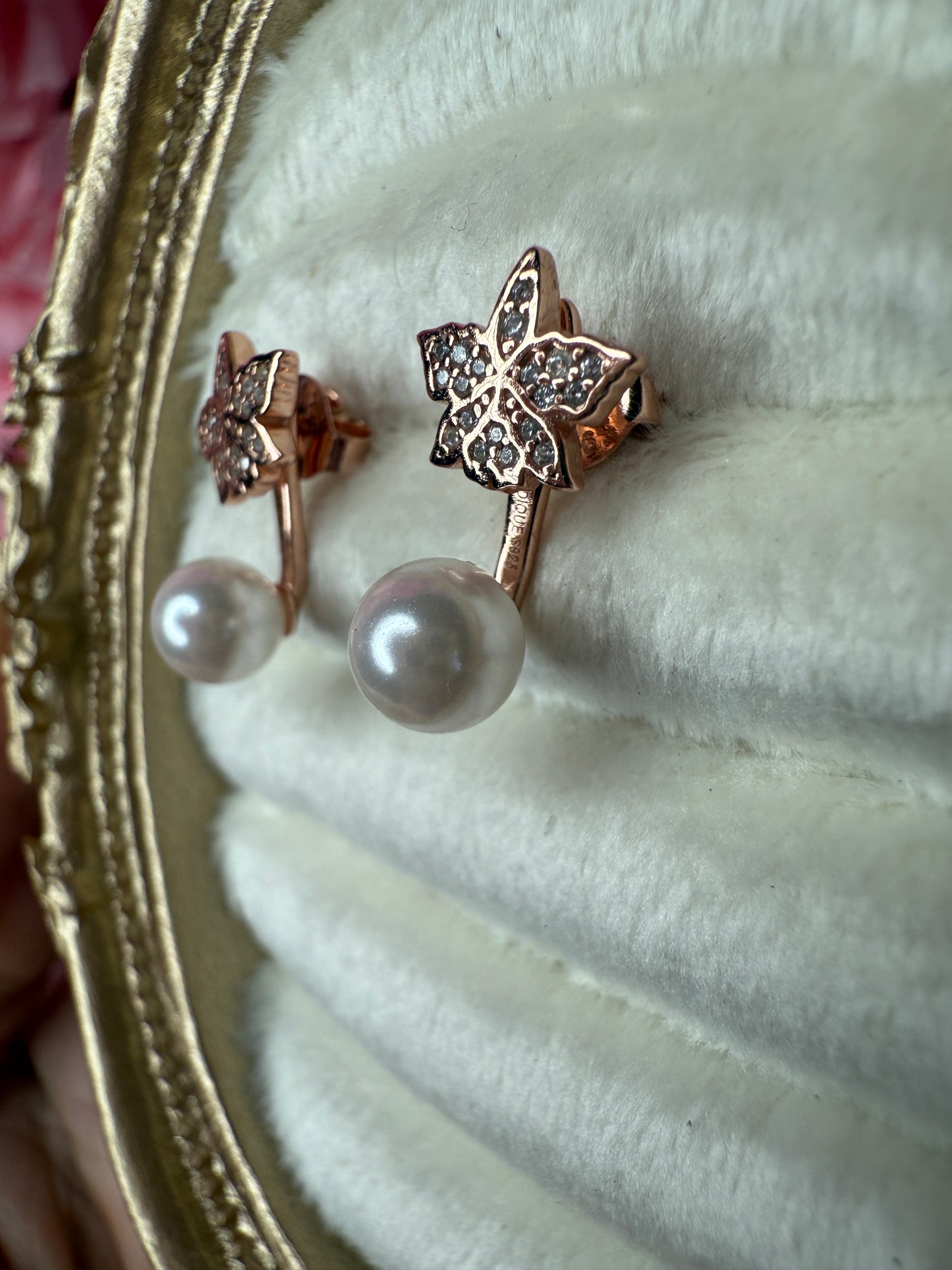 Signature Zircon Cattleya Earring, Classic Pearl Jacket Stud: 18k Rose Gold