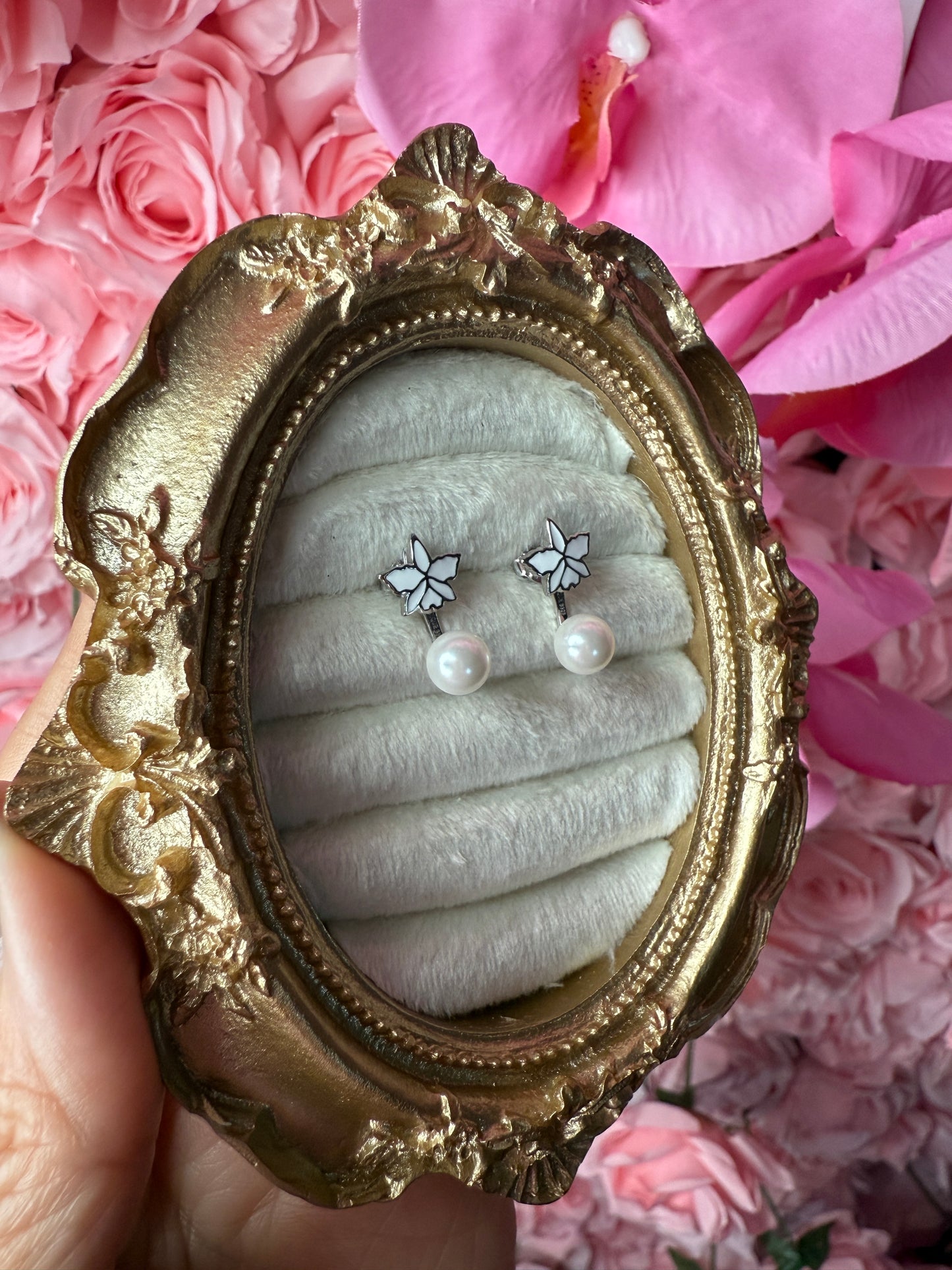 Signature White Cattleya Earrings, Pearl Jacket Stud: 14k White Gold Plated, White Pearl Jacket