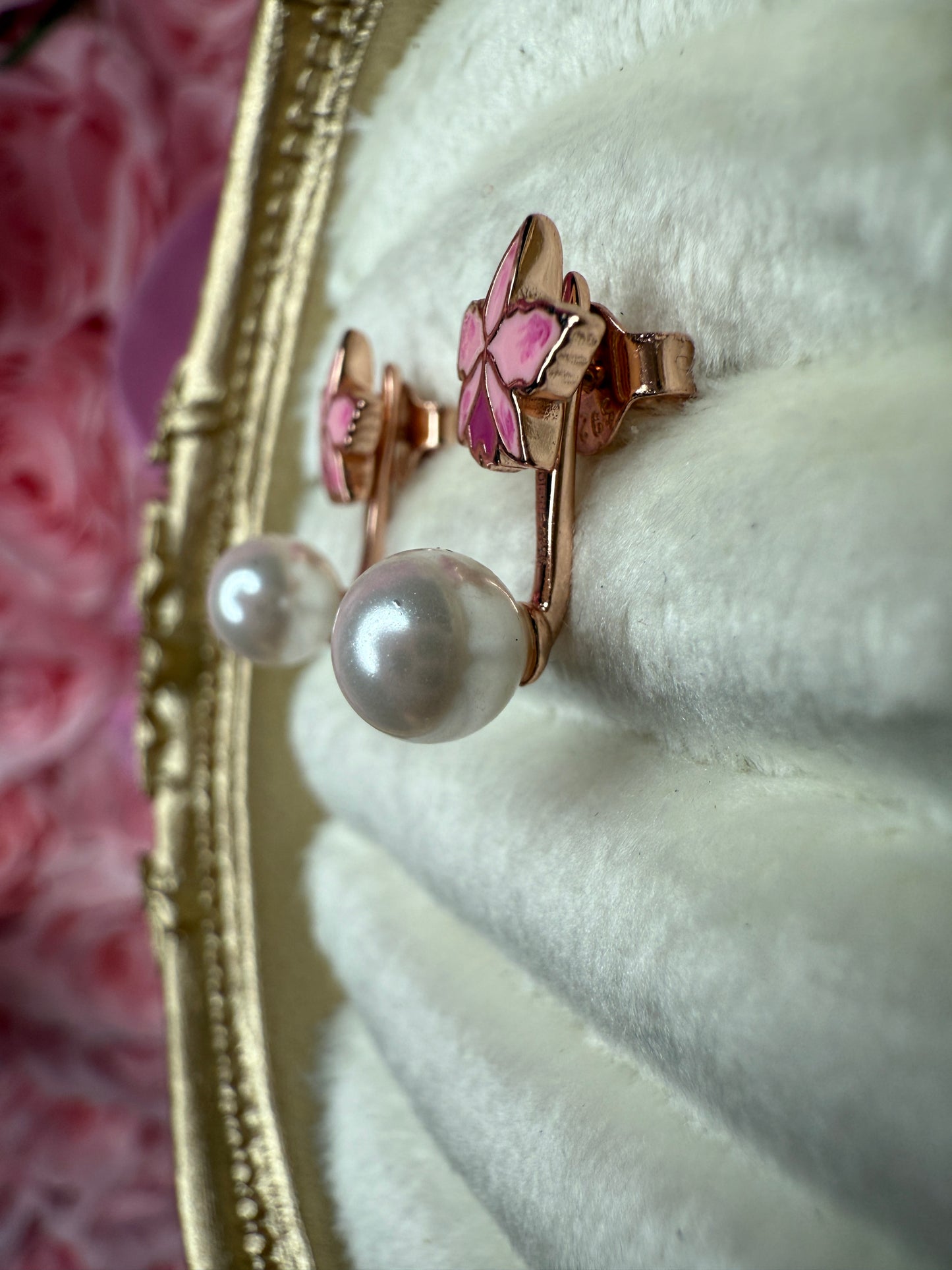 Signature Trianae Pink Sian Cattleya Earrings, Pearl Jacket Stud: 18k Gold Plated
