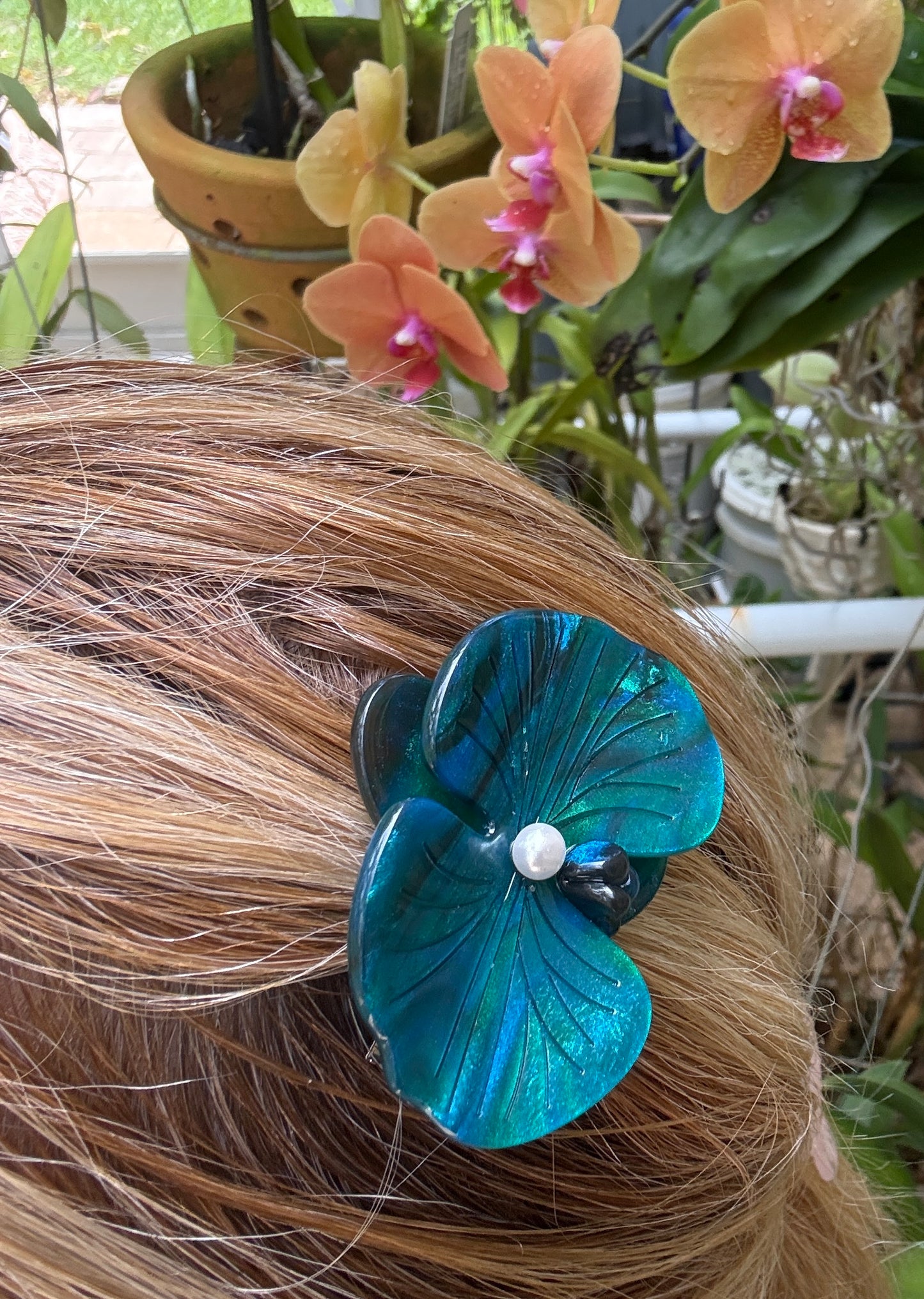 Acetate Orchid Hair Clip Phalaenopsis Hair Barrette • Teal Blue Flower Hair Accessory