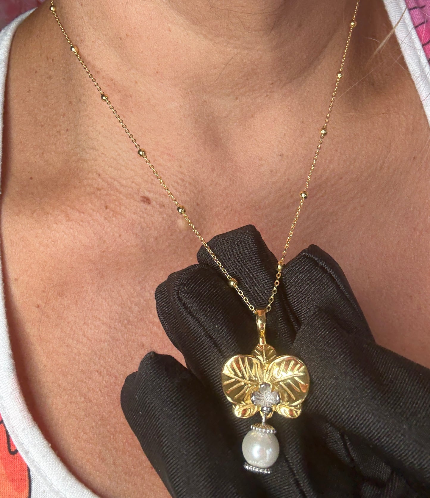 Orchid Pearl Drop Wedding Earrings and Necklace Pendant • Two Tone Phalaenopsis Orchid Jewelry - Orchidique