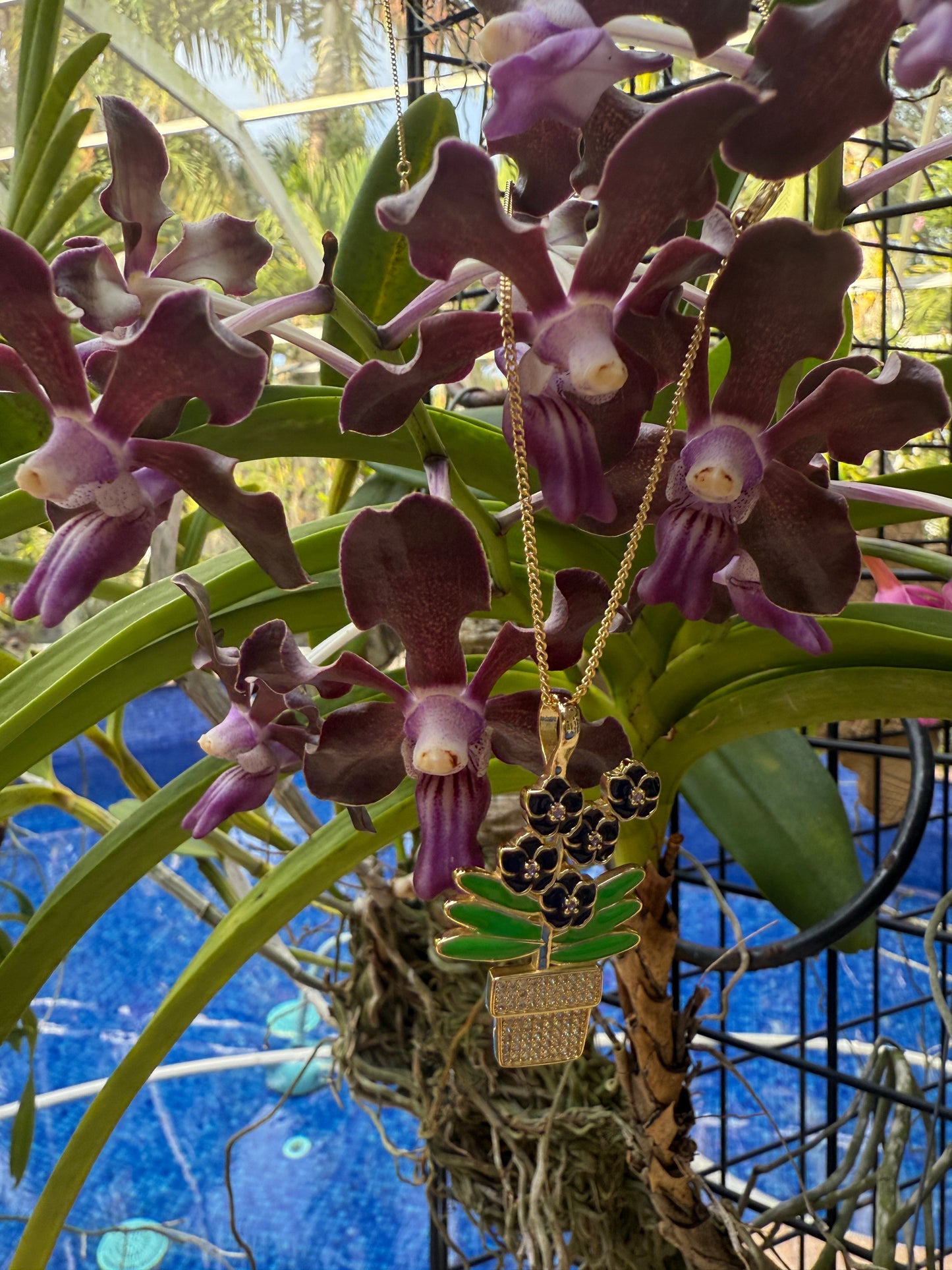 Orchid Potsy Collection: Potted Purple Eggplant Vanda Necklace - Orchidique