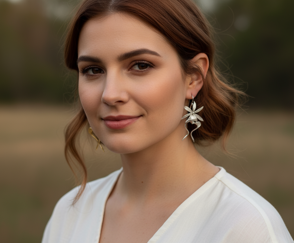 Ghost Orchid Silver Earrings Dangles: Divergent Duos Collection