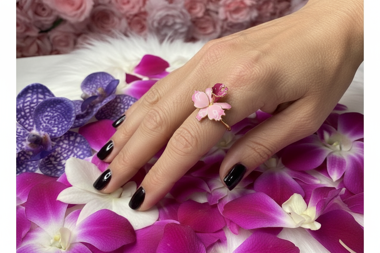 Drama Collection: Pink Splash Cattleya Dowiana Orchid Statement Ring