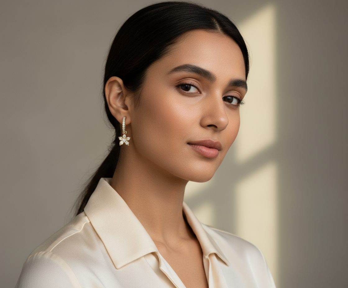 La Brillosa Cattleya Collection Zircon Huggie Hoop Earrings with Orchid Charm