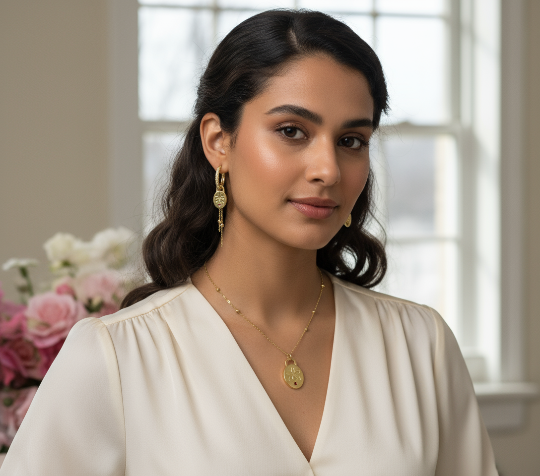 Harmony Gold Collection: Etched 14c Gold Orchid Necklace & Earrings