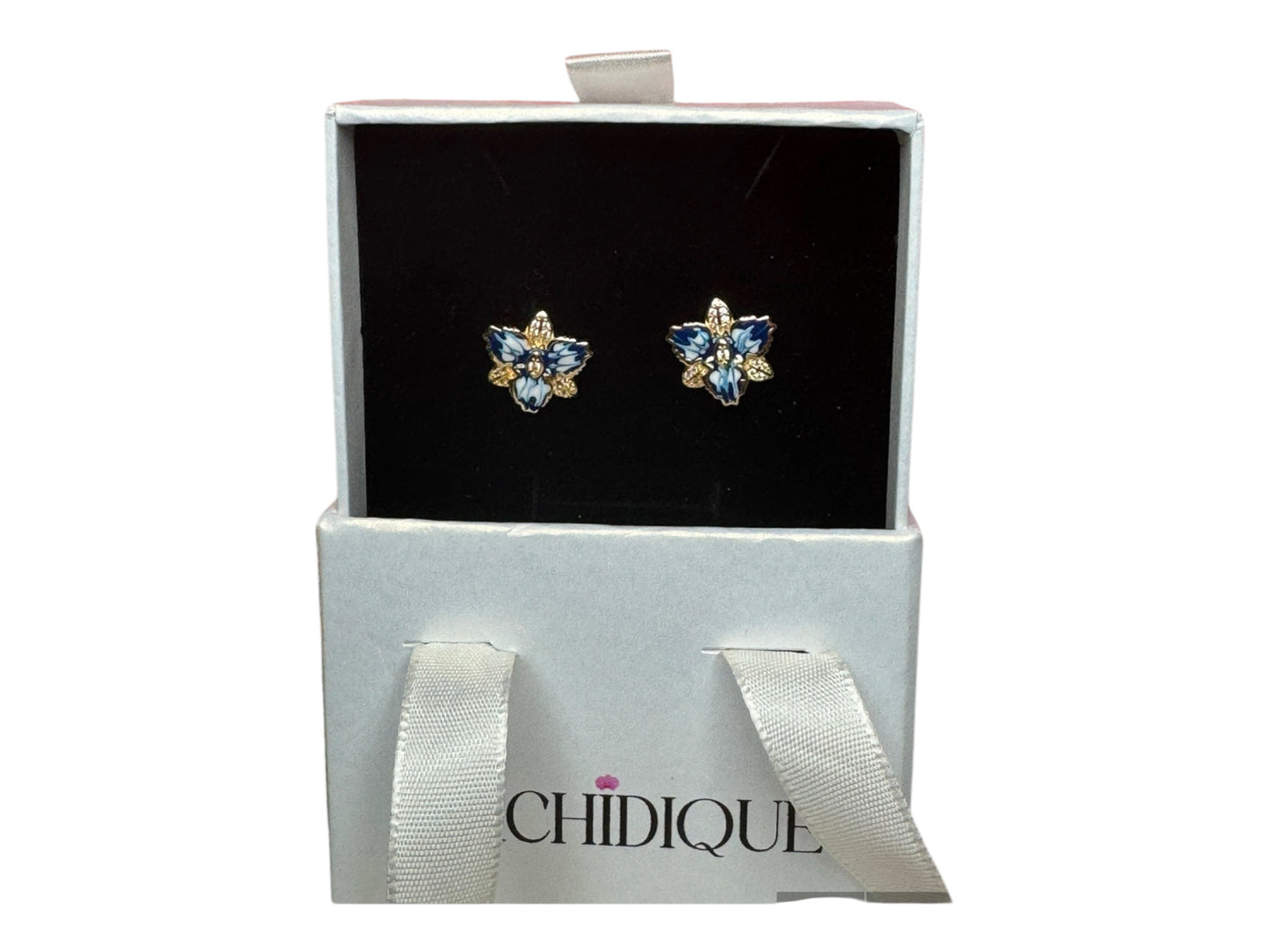 Cattleya Orchid Flower Bangle Bracelet and Earrings Set in Santorini Blue- Gold Plated