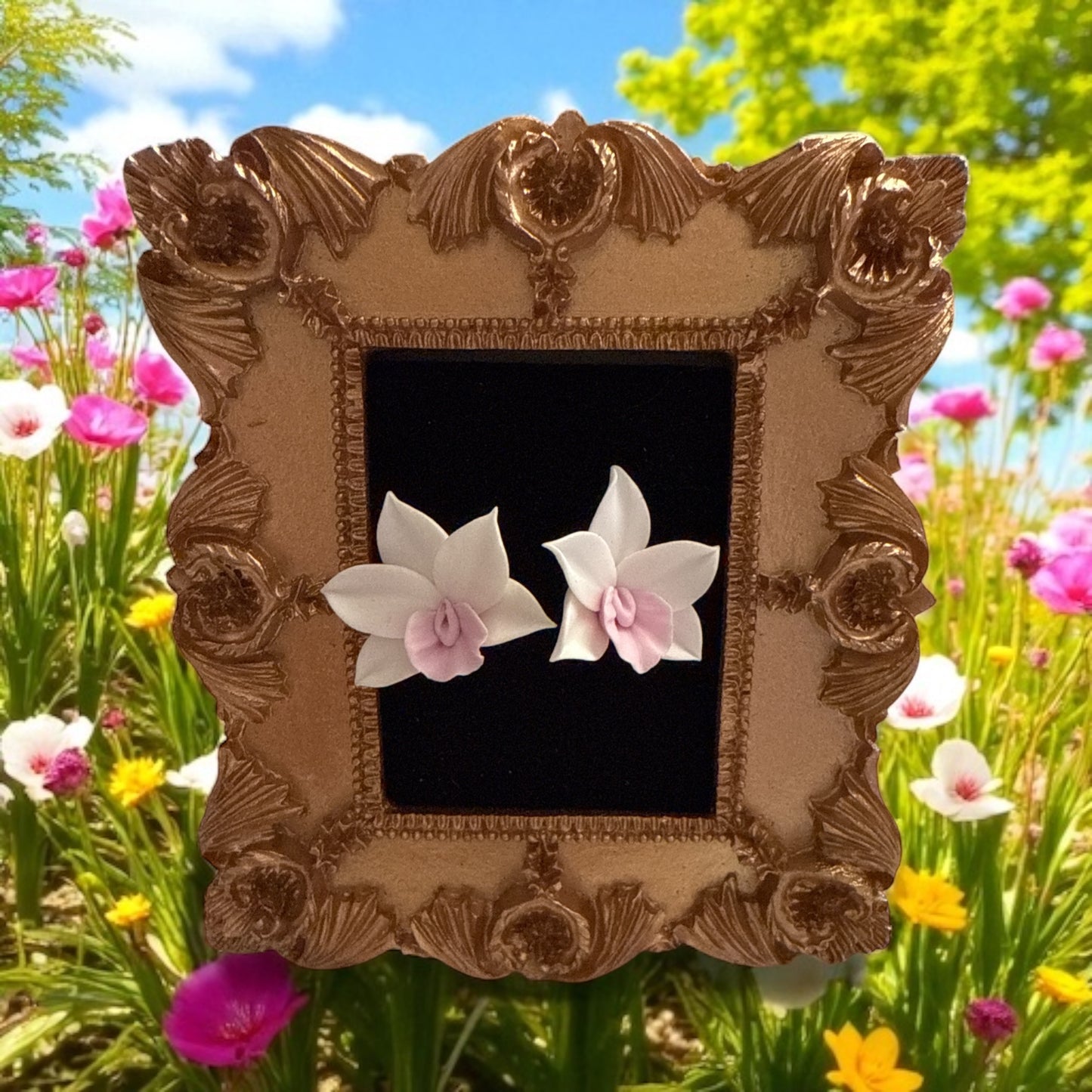 Handmade Orchid Oasis Collection : White with Pink Lip Cattleya Orchid Earrings - Orchidique