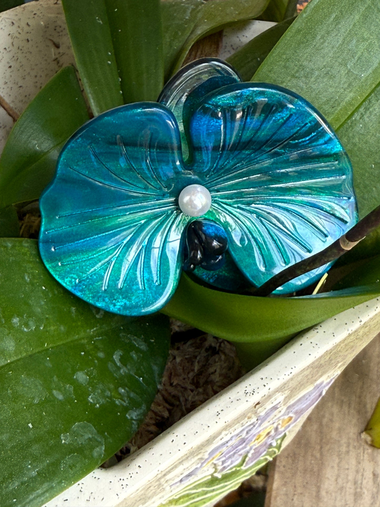 Acetate Orchid Hair Clip Phalaenopsis Hair Barrette • Teal Blue Flower Hair Accessory