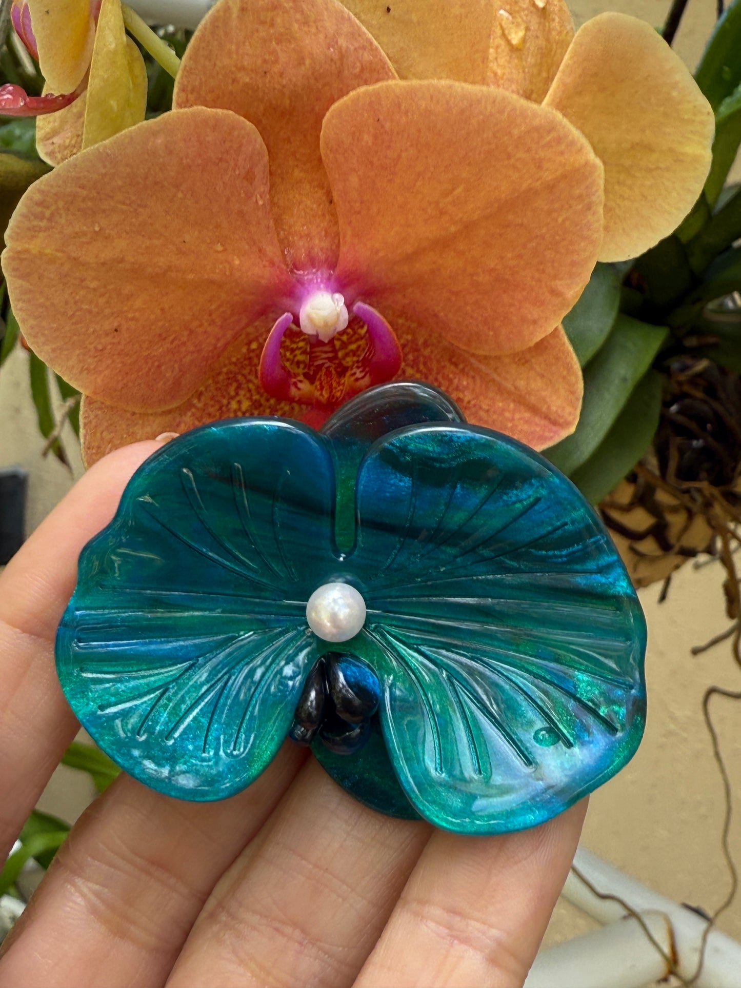Acetate Orchid Hair Clip Phalaenopsis Hair Barrette • Teal Blue Flower Hair Accessory