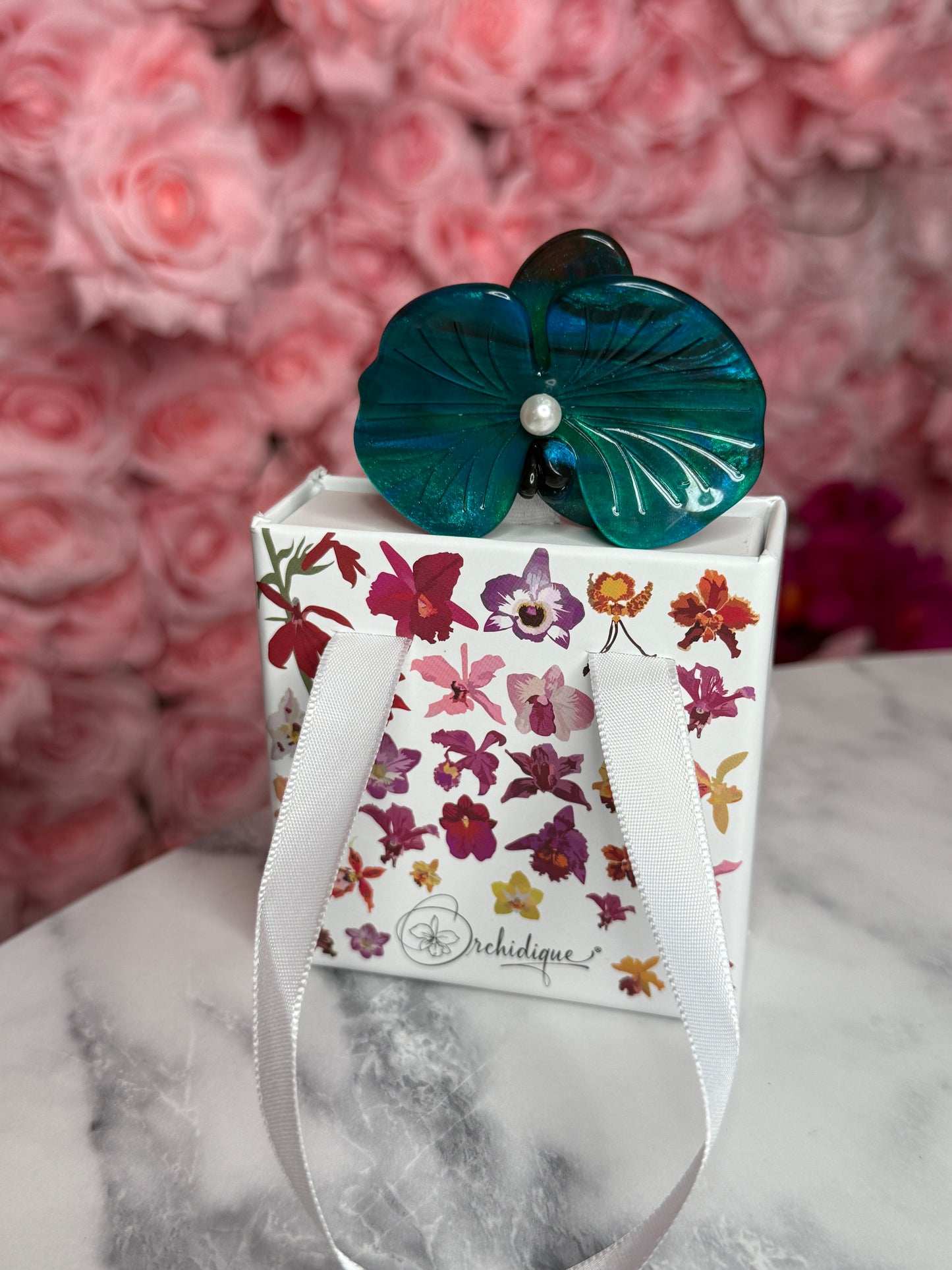 Acetate Orchid Hair Clip Phalaenopsis Hair Barrette • Teal Blue Flower Hair Accessory
