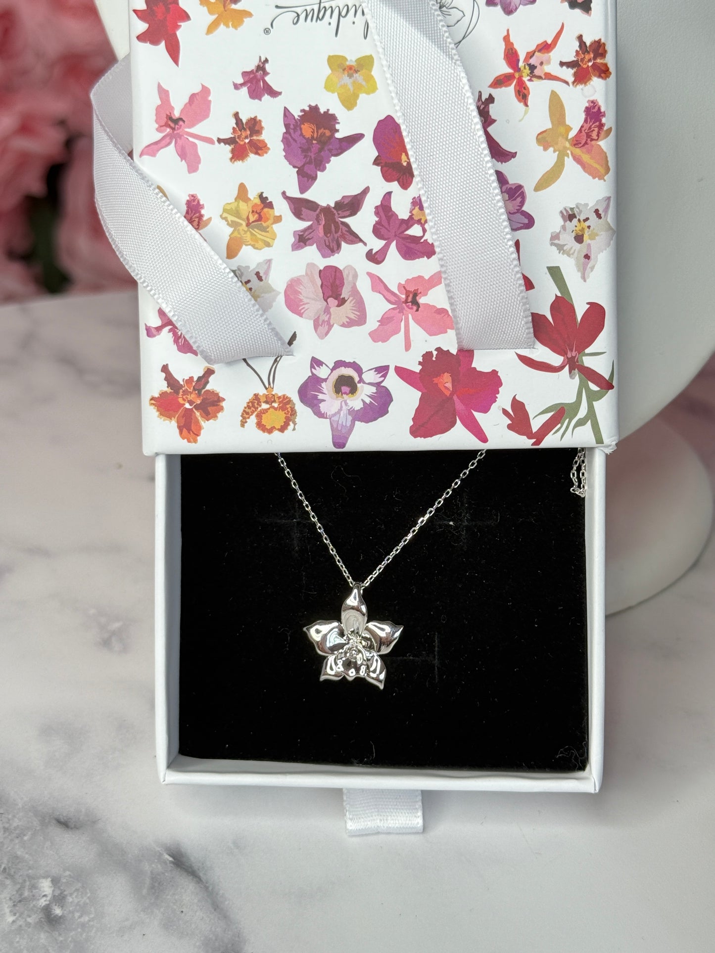 White Orchid Necklace • Sterling Silver Orchid Pendant