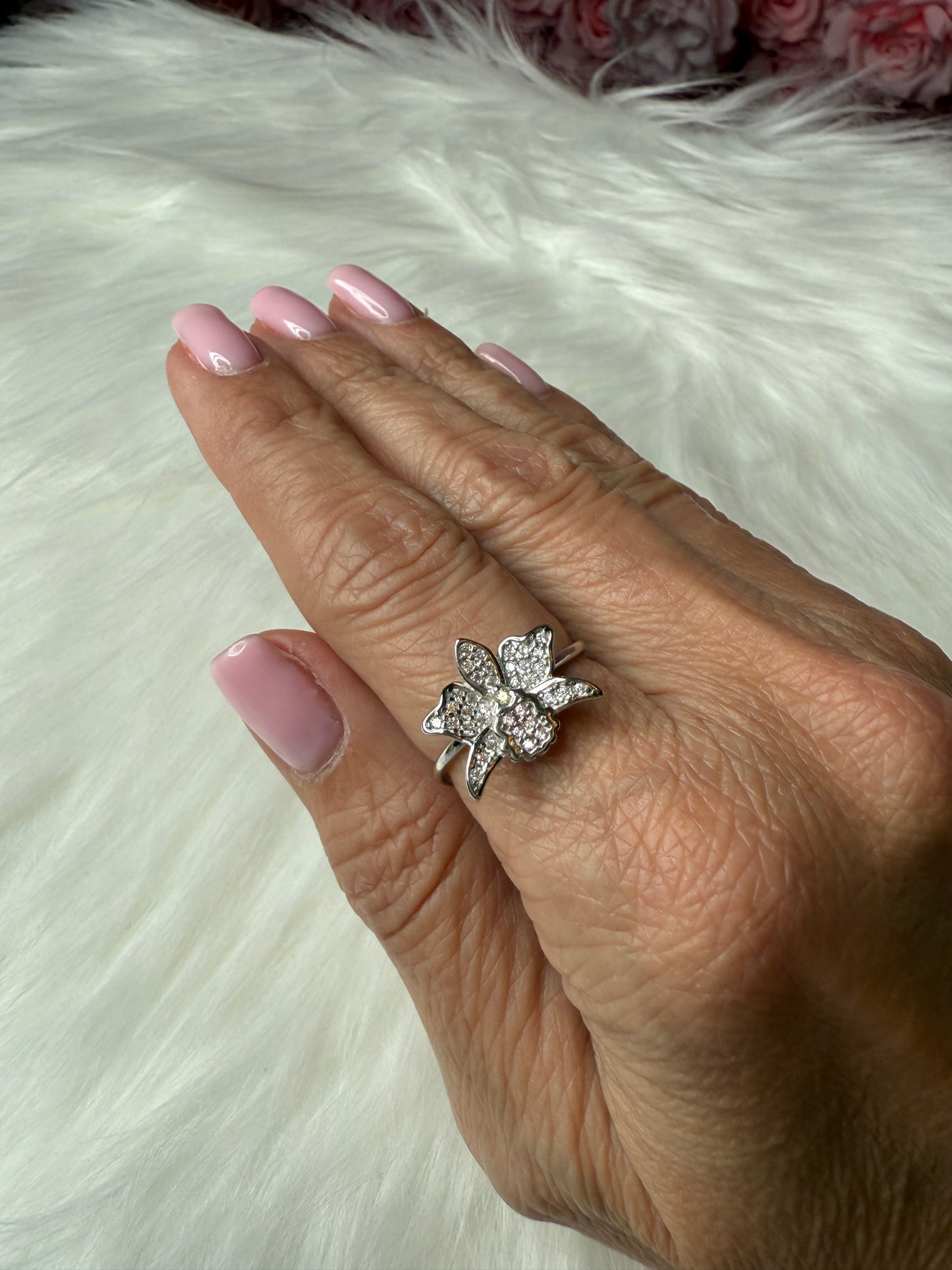 Shimmer Me Cattleya Ring • All-Zircon White with Pink Detail Orchid Jewelry