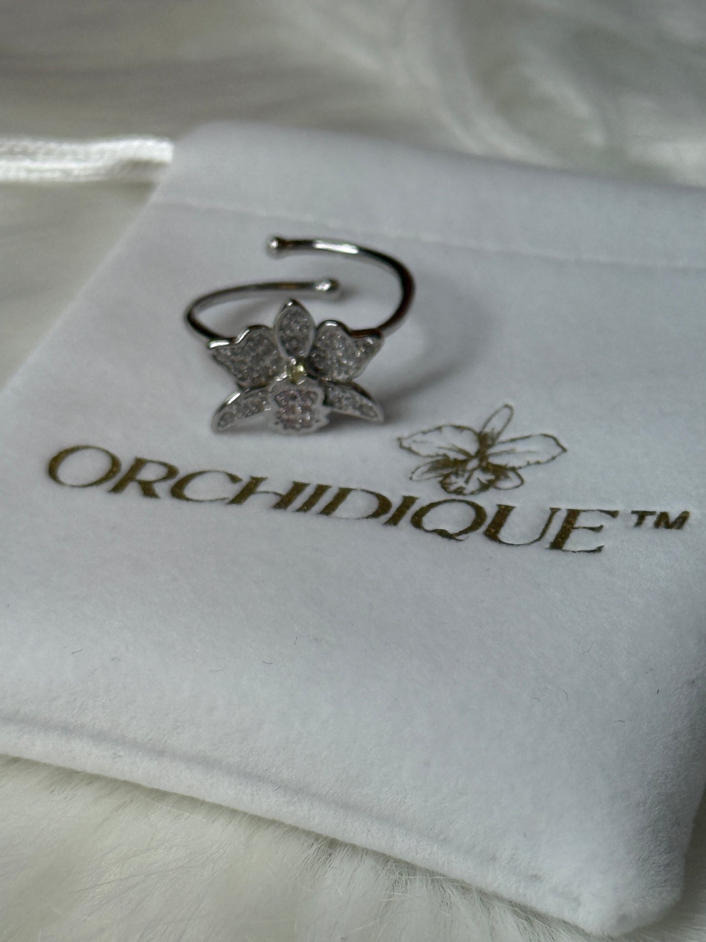 Shimmer Me Cattleya Ring • All-Zircon White with Pink Detail Orchid Jewelry