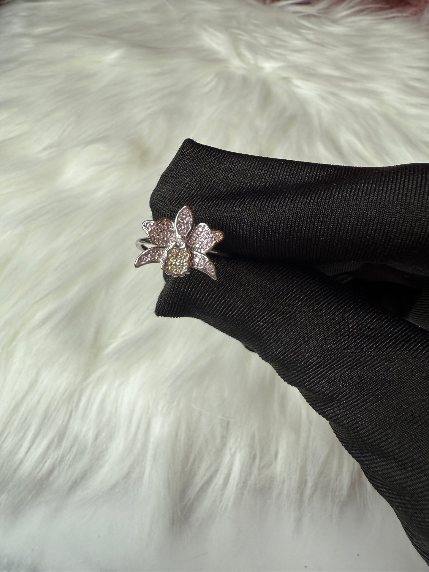 Shimmer Me Cattleya Ring • All-Zircon White with Pink Detail Orchid Jewelry