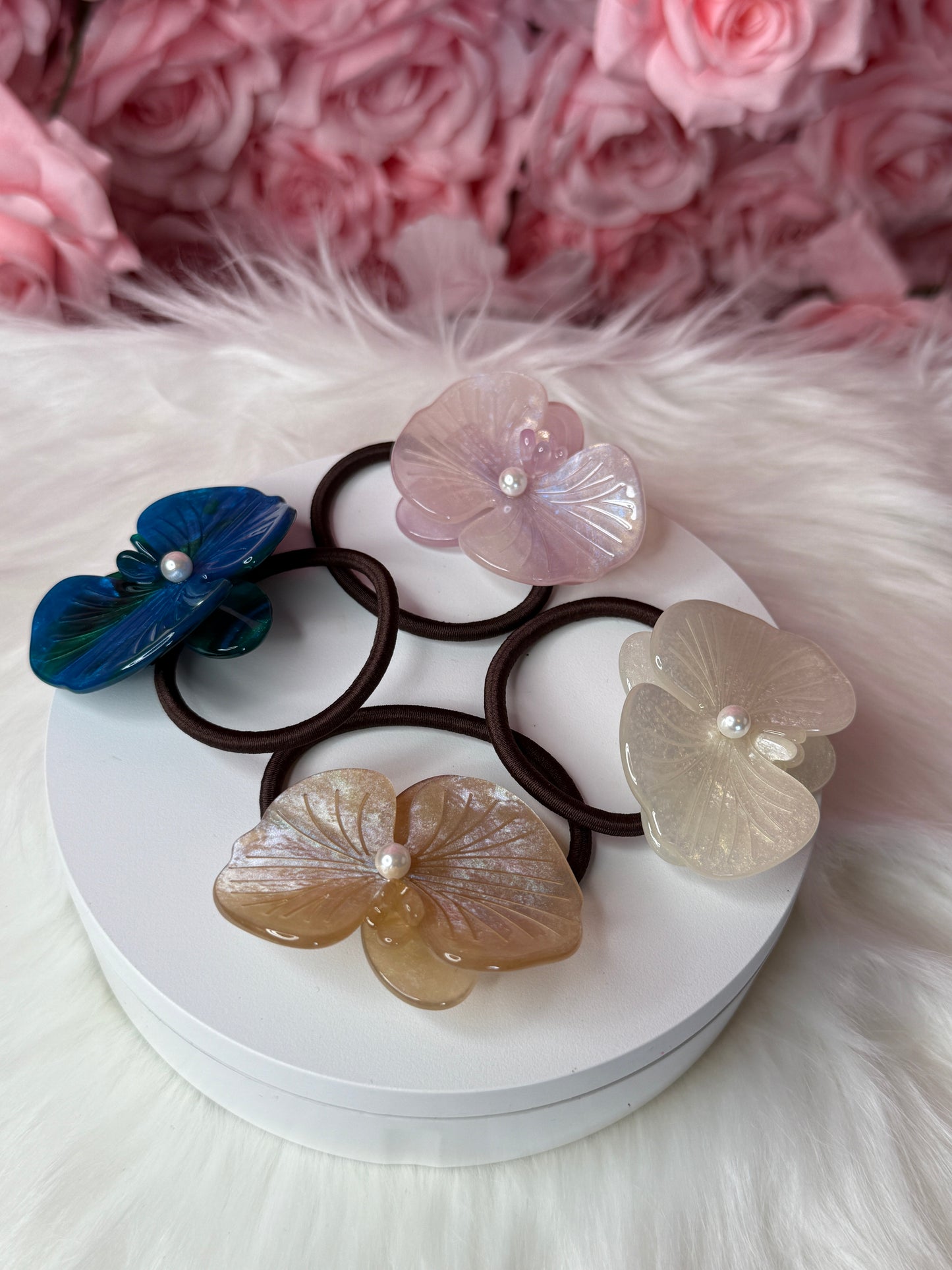 Orchid Hair Tie • White Iridescence Orchid Hair Ponytail Holder